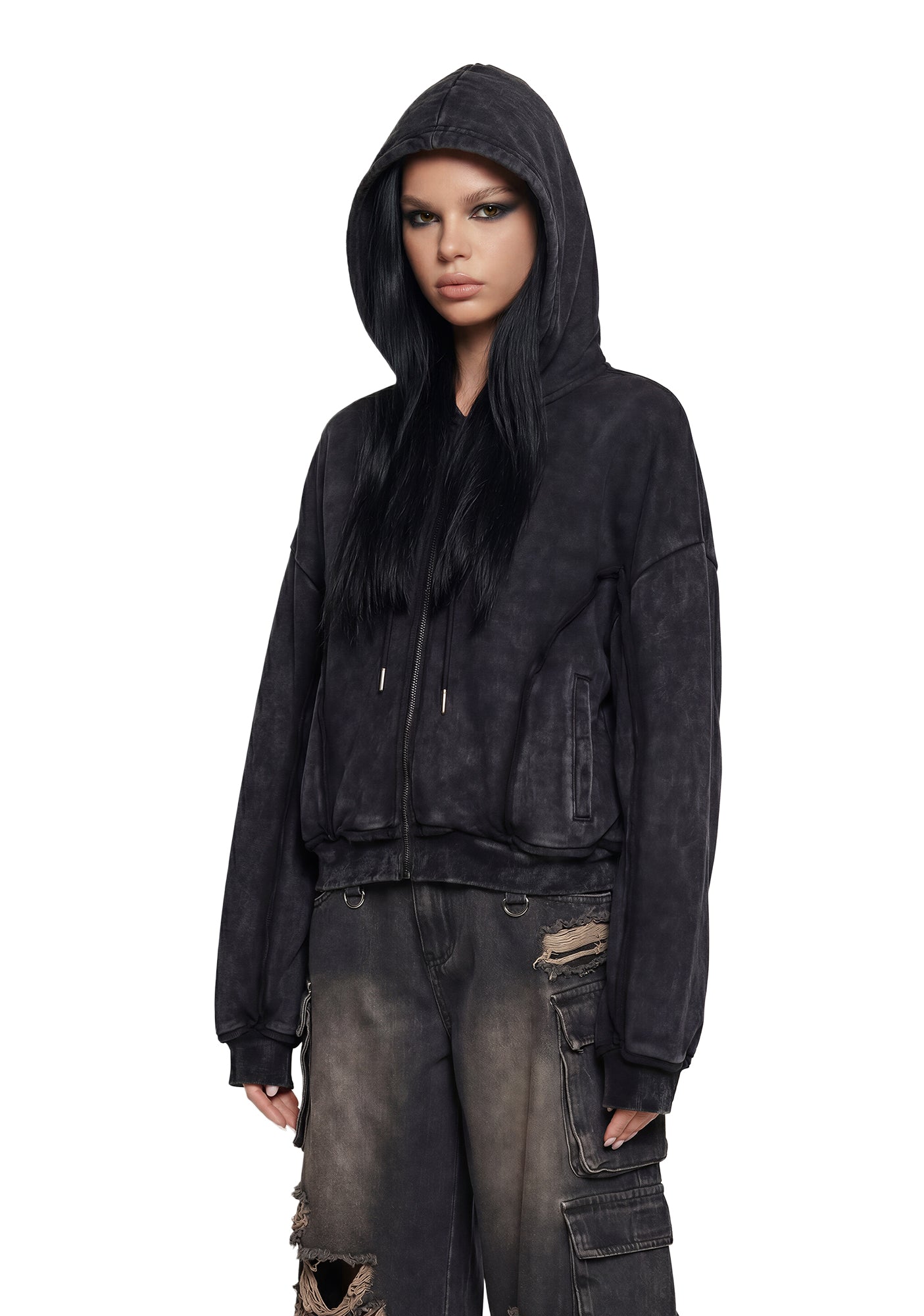 Dark Boxy Pleated Unisex Zip-Up Hoodie - Black – Dolls Kill