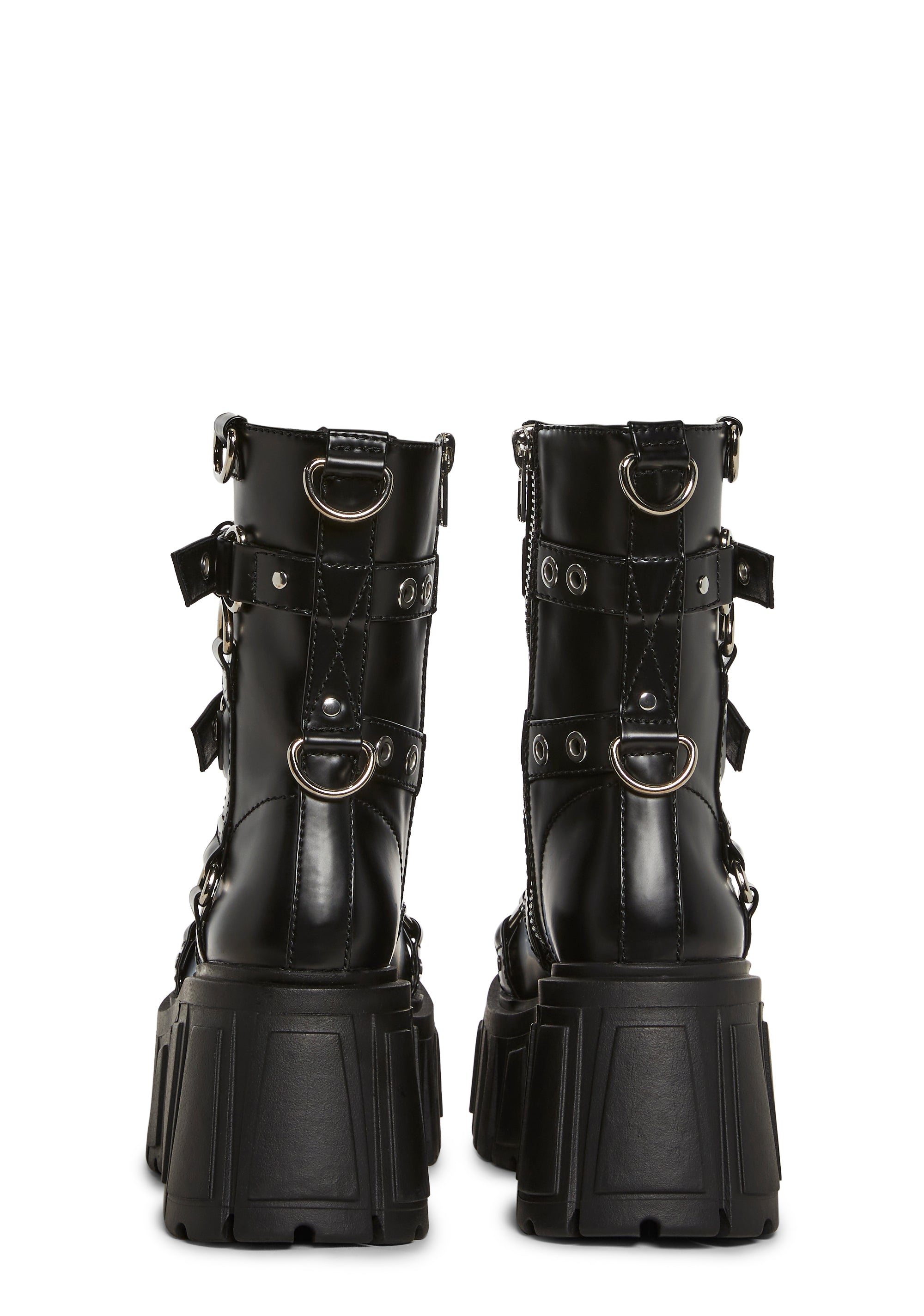 Club Exx Techno Bondage Vegan Leather Buckled D-Ring Combat Boots