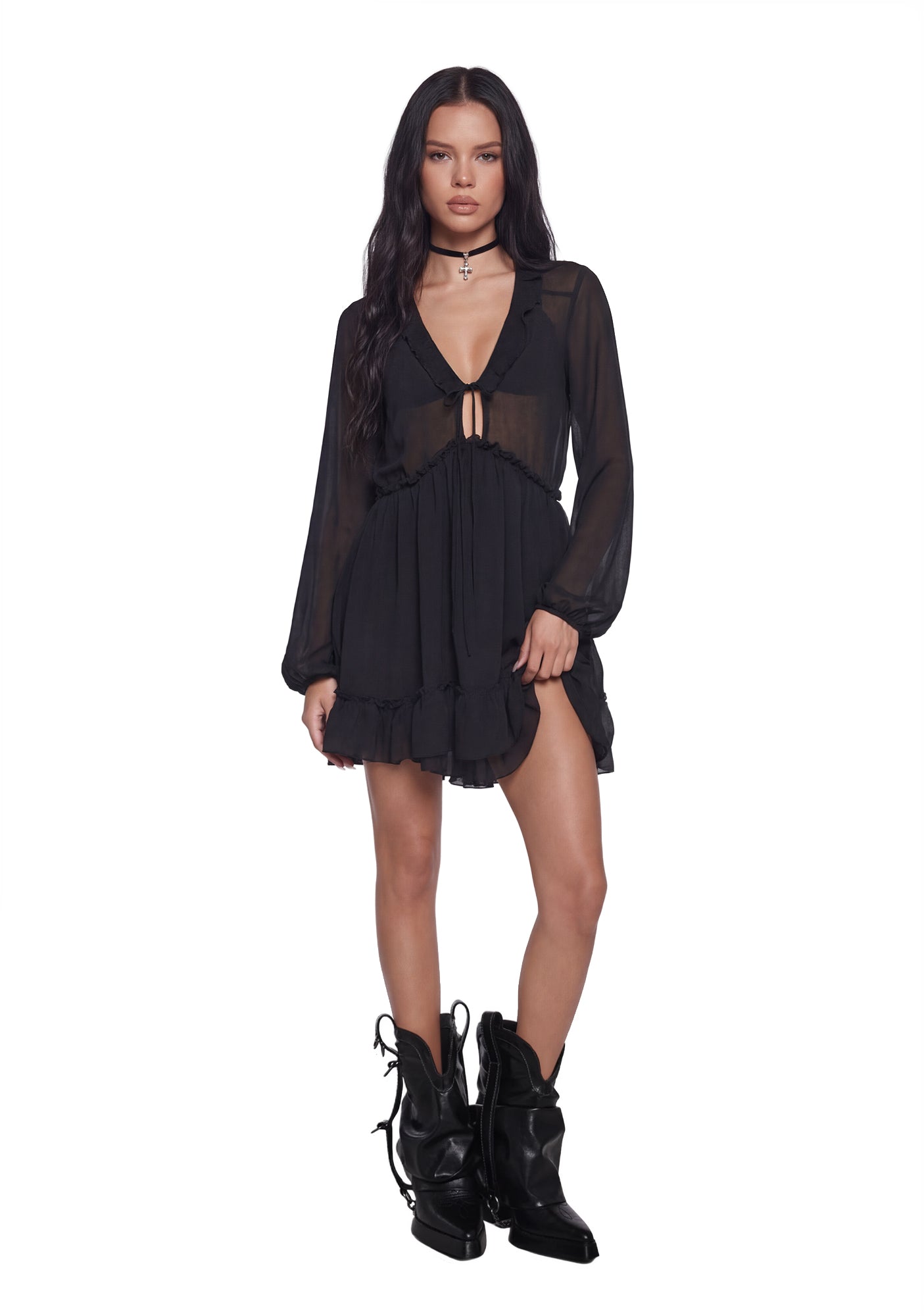 Current Mood Sheer Chiffon Ruffled Babydoll Dress
