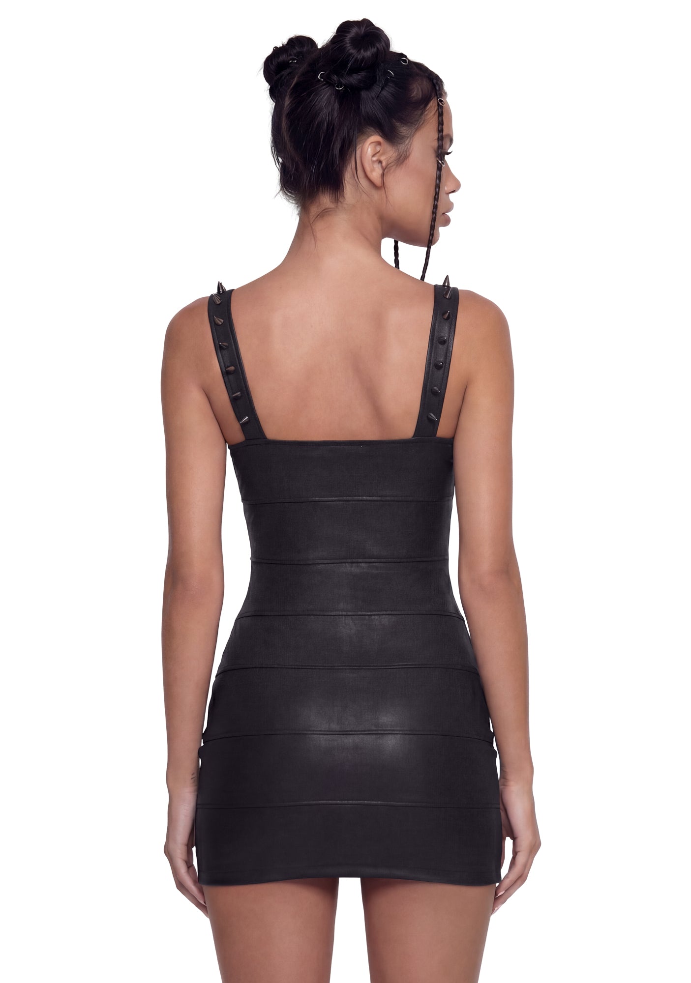 Womens Bodycon Vegan Leather Mini Dress With Spiked Details Club