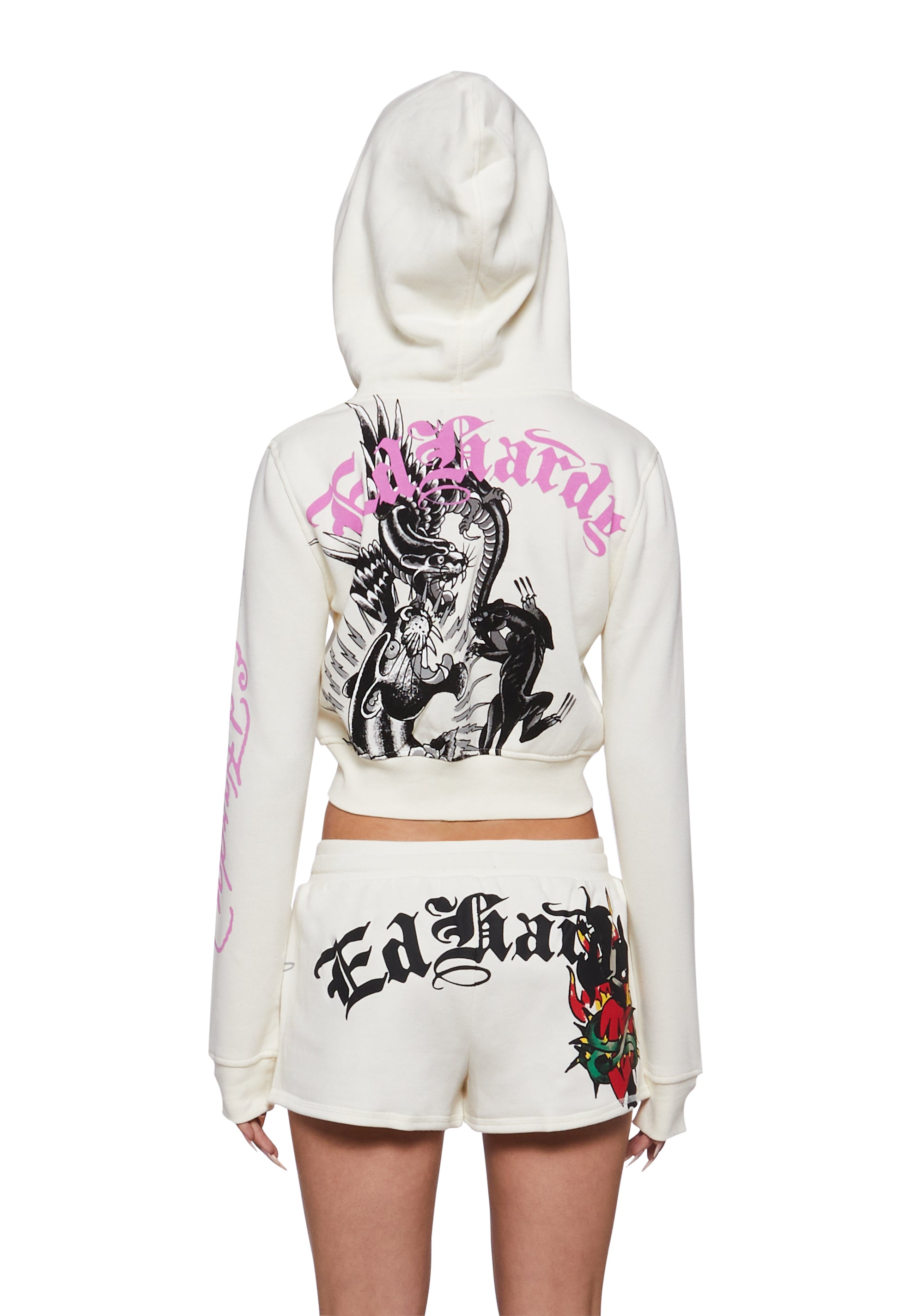 Ed Hardy 3 Panthers Zip Front Hoodie Y2K Tattoo Graphic - Off