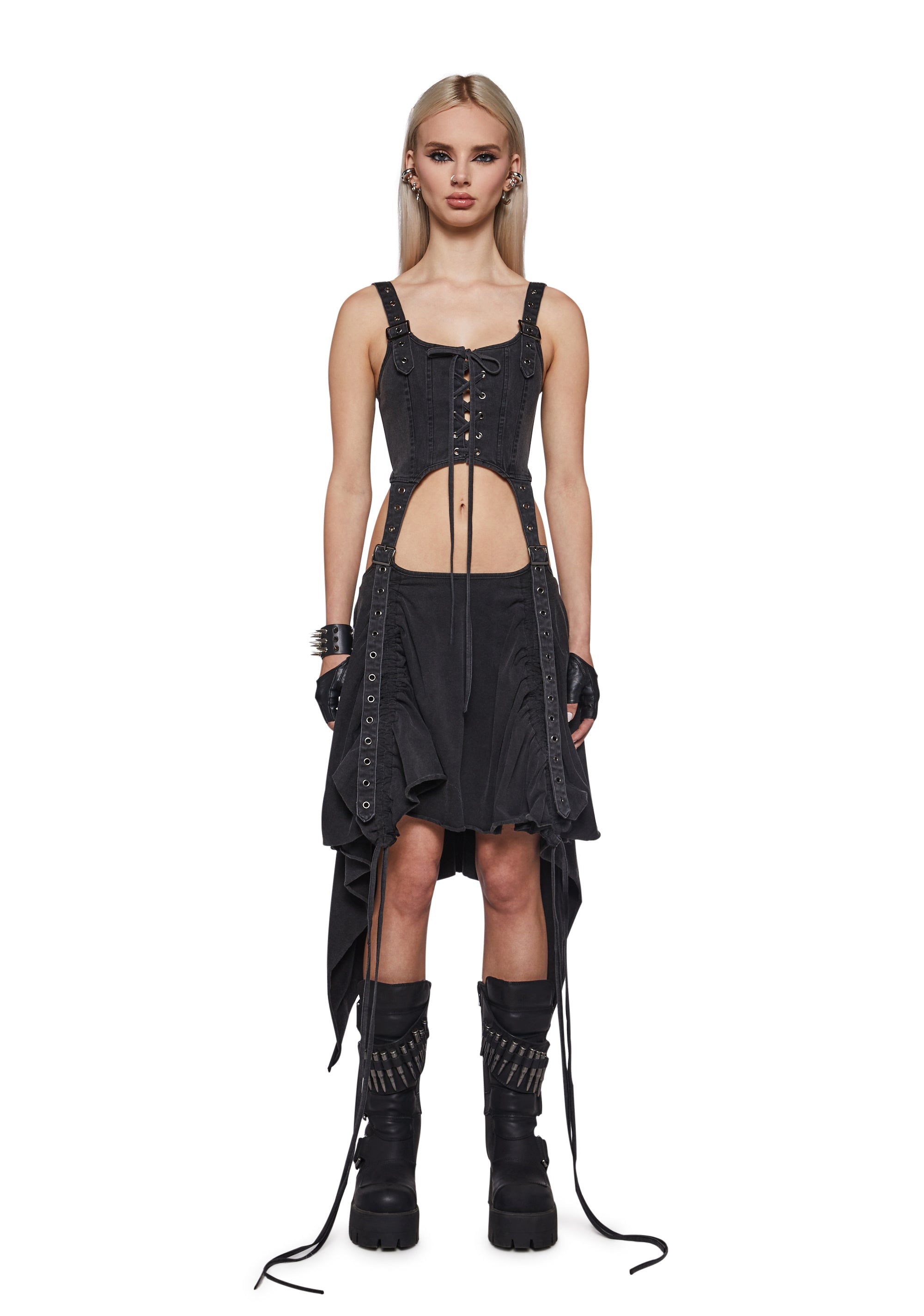 Siren Denim Buckle Corset Waist Cut Out Mini Dress