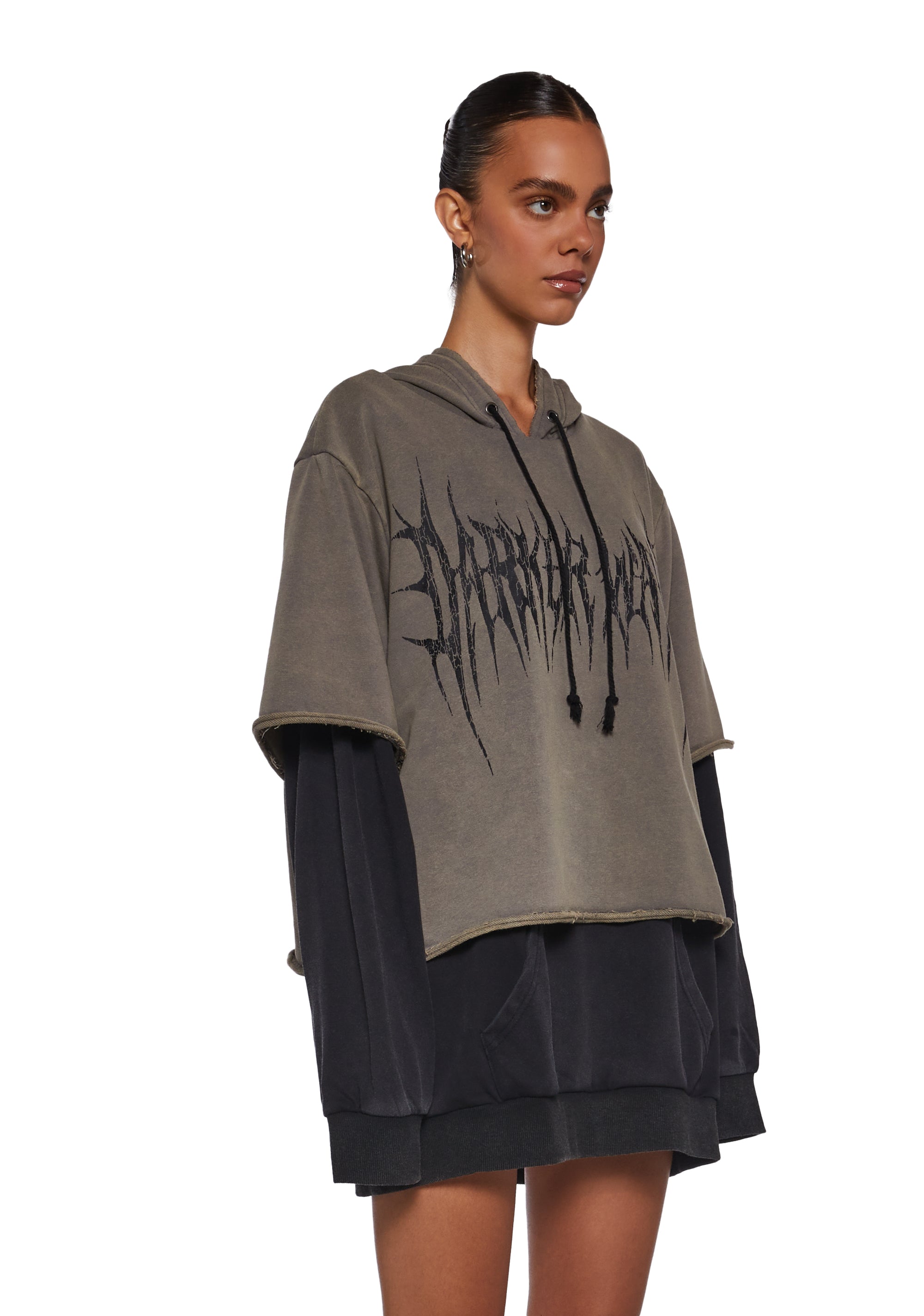 Washed Knit Layered Pullover Hoodie Darker Wavs - Gray – Dolls Kill