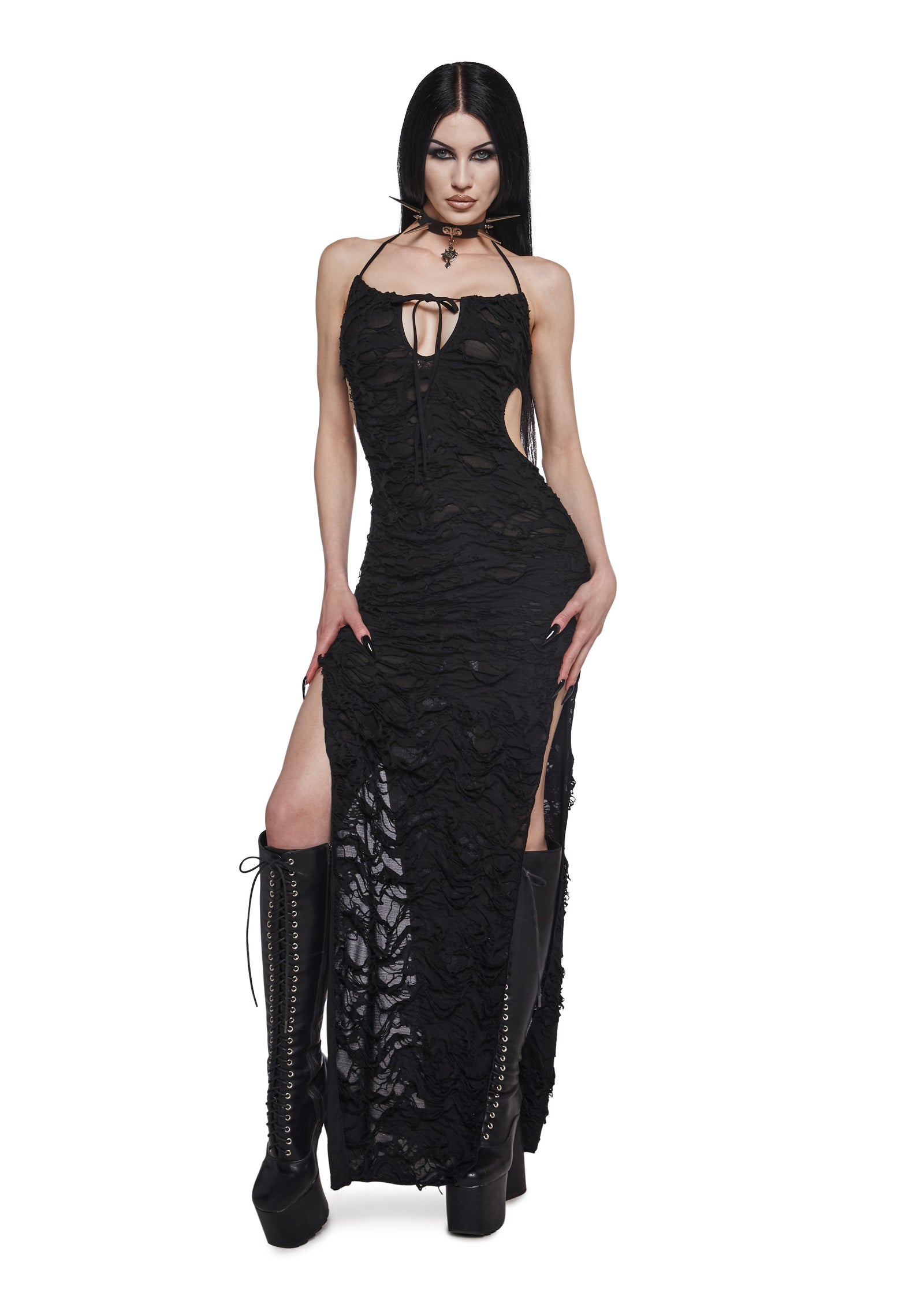 Womens Sexy Goth Shredded Maxi Dress With Slits Widow