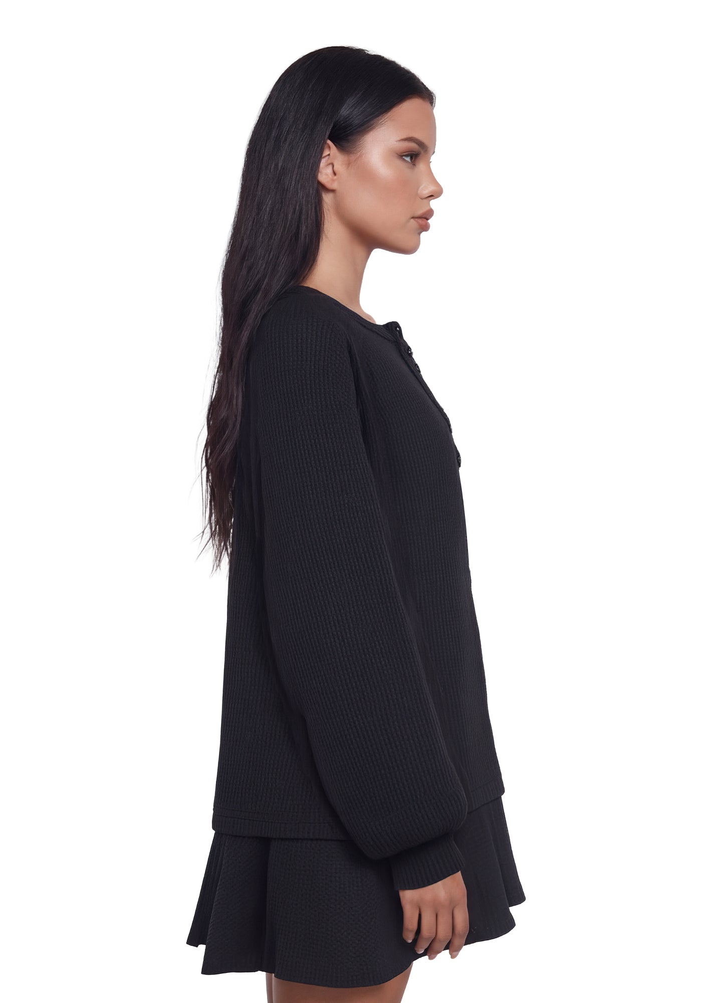Womens Waffle Knit Thermal Trapeze Mini Dress Current Mood