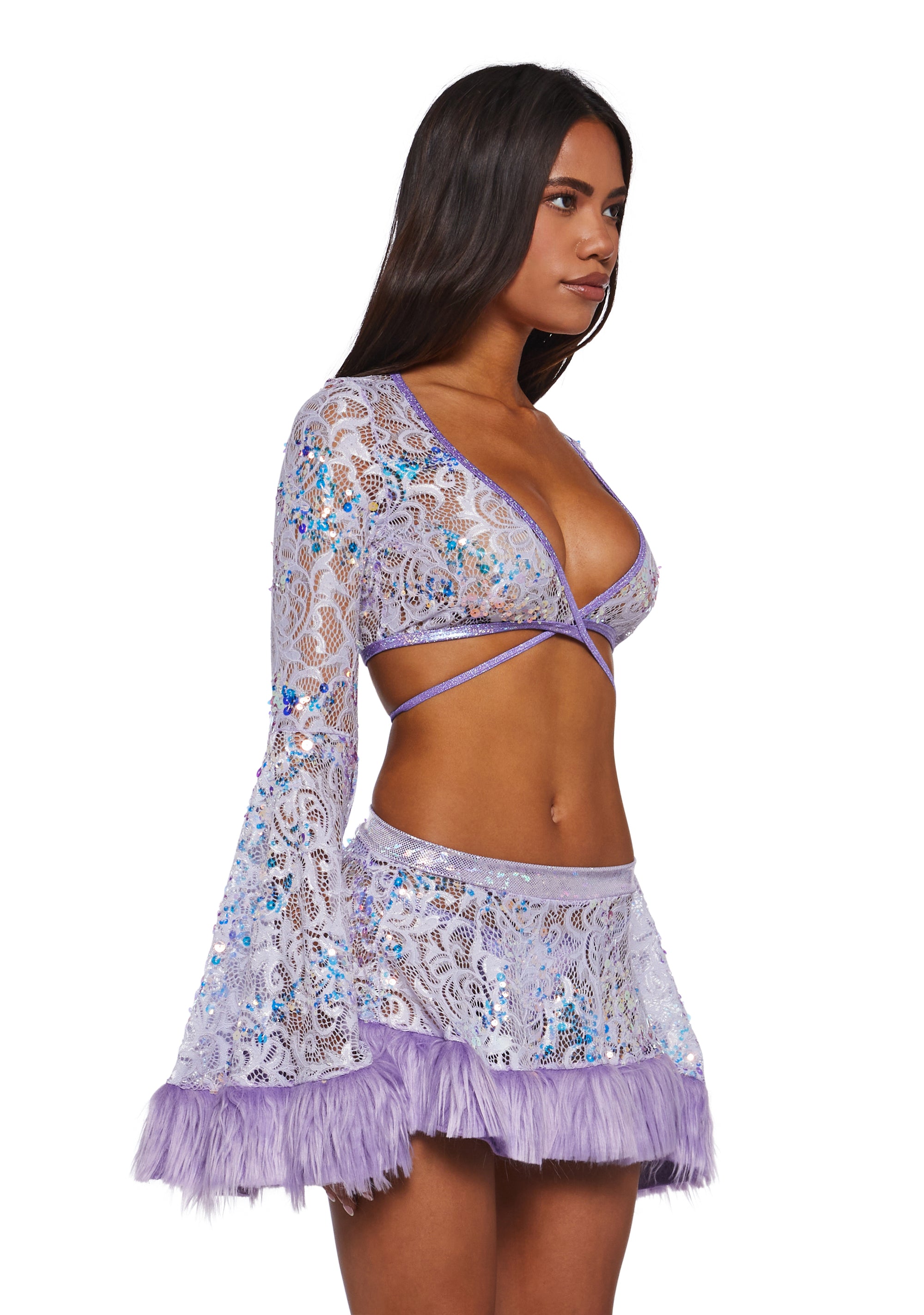 J Valentine Sequin Faux Fur Trimmed Wrap Top - Purple – Dolls Kill