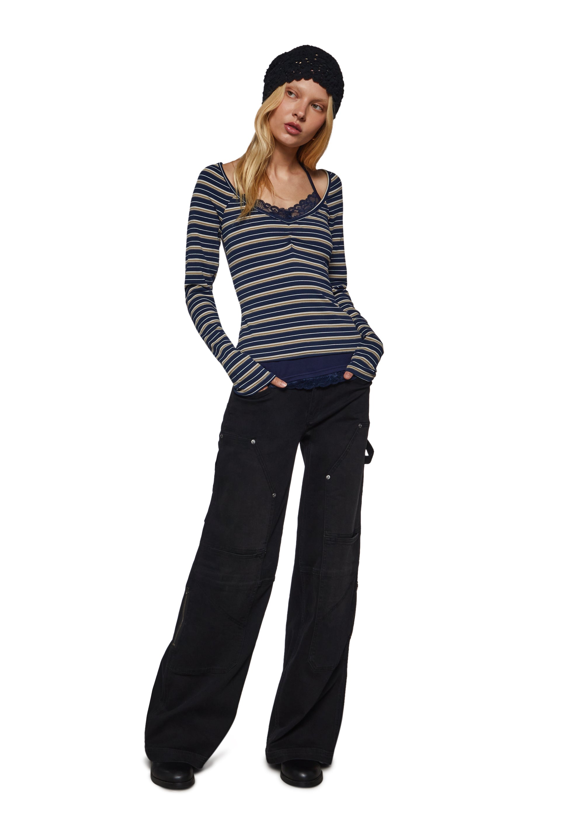 Y2K Layered Cami Long Sleeve with Stripes - Brown – Dolls Kill