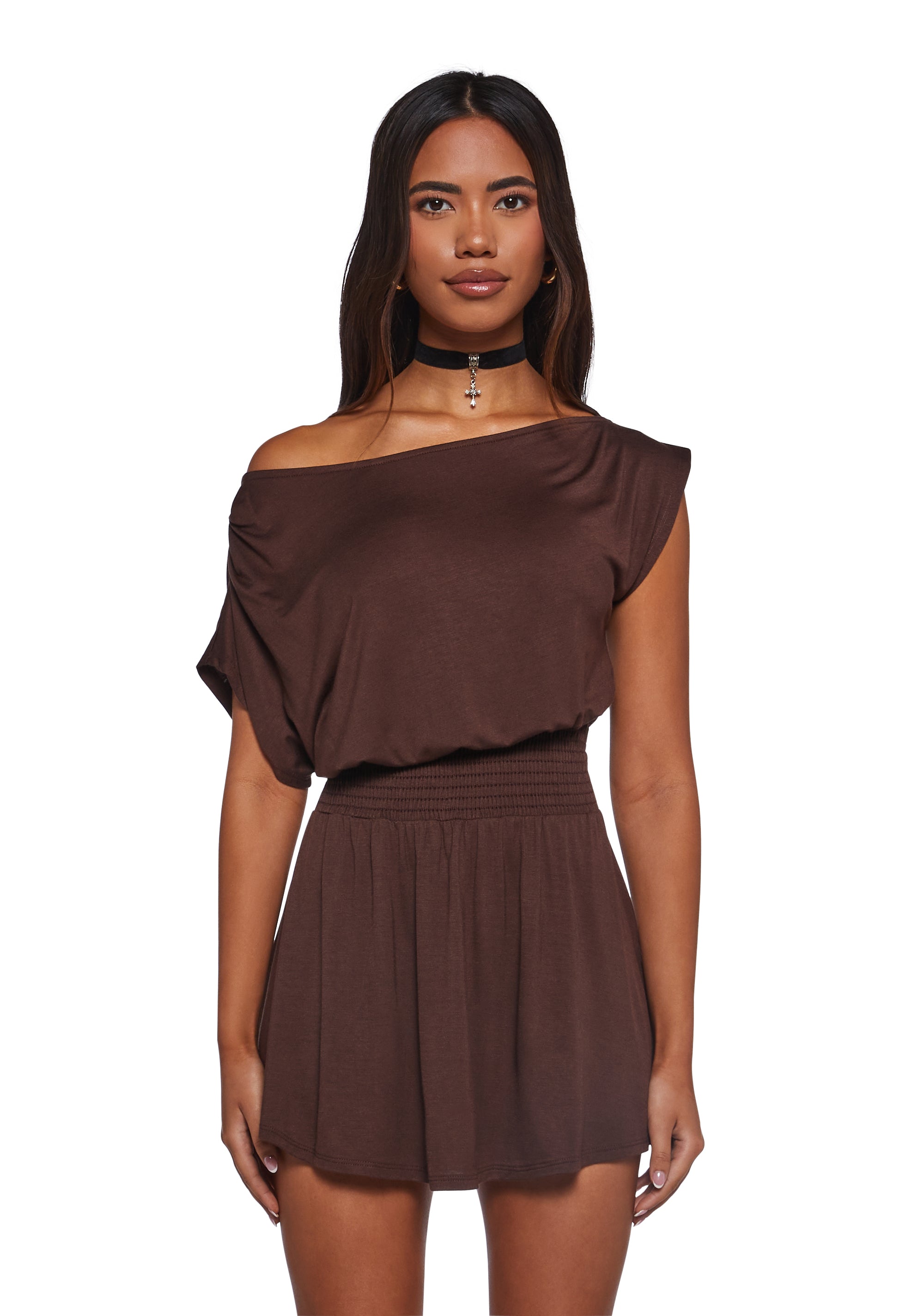 Crush Damage Off The Shoulder Dress - Brown
