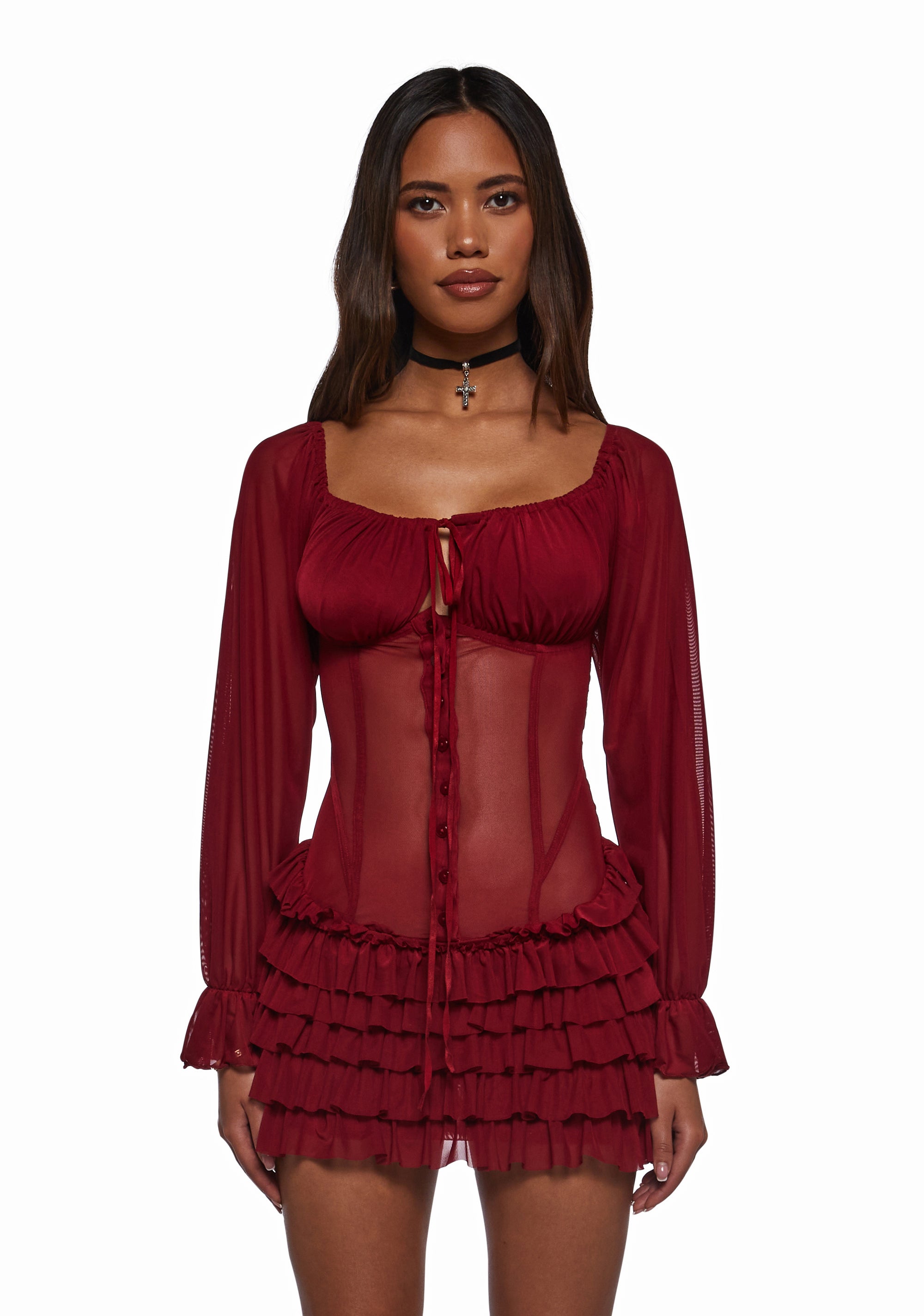 Womens Sheer Mesh Long Sleeve Mini Dress