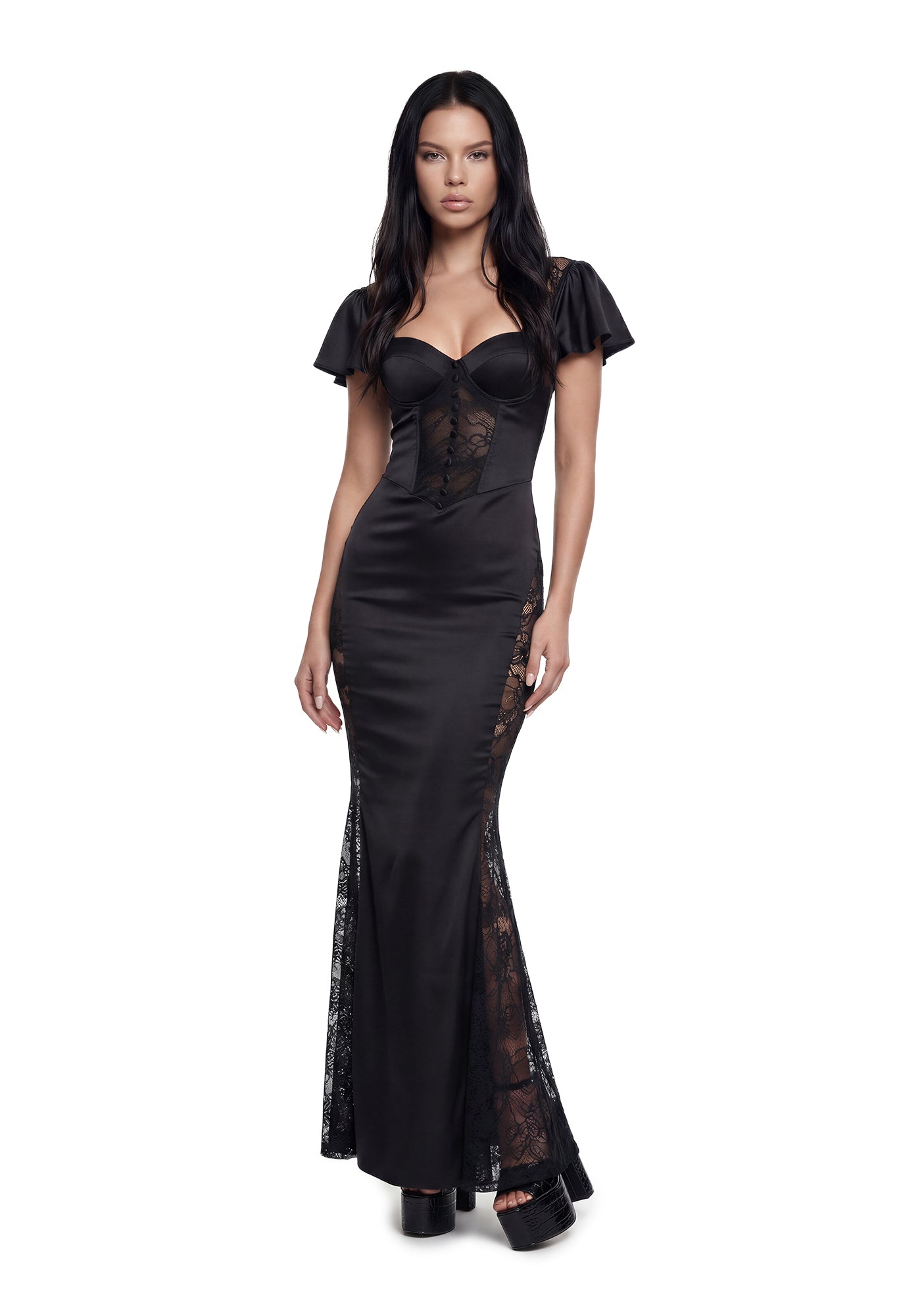 Prom Lace Satin Puff Sleeve Dress