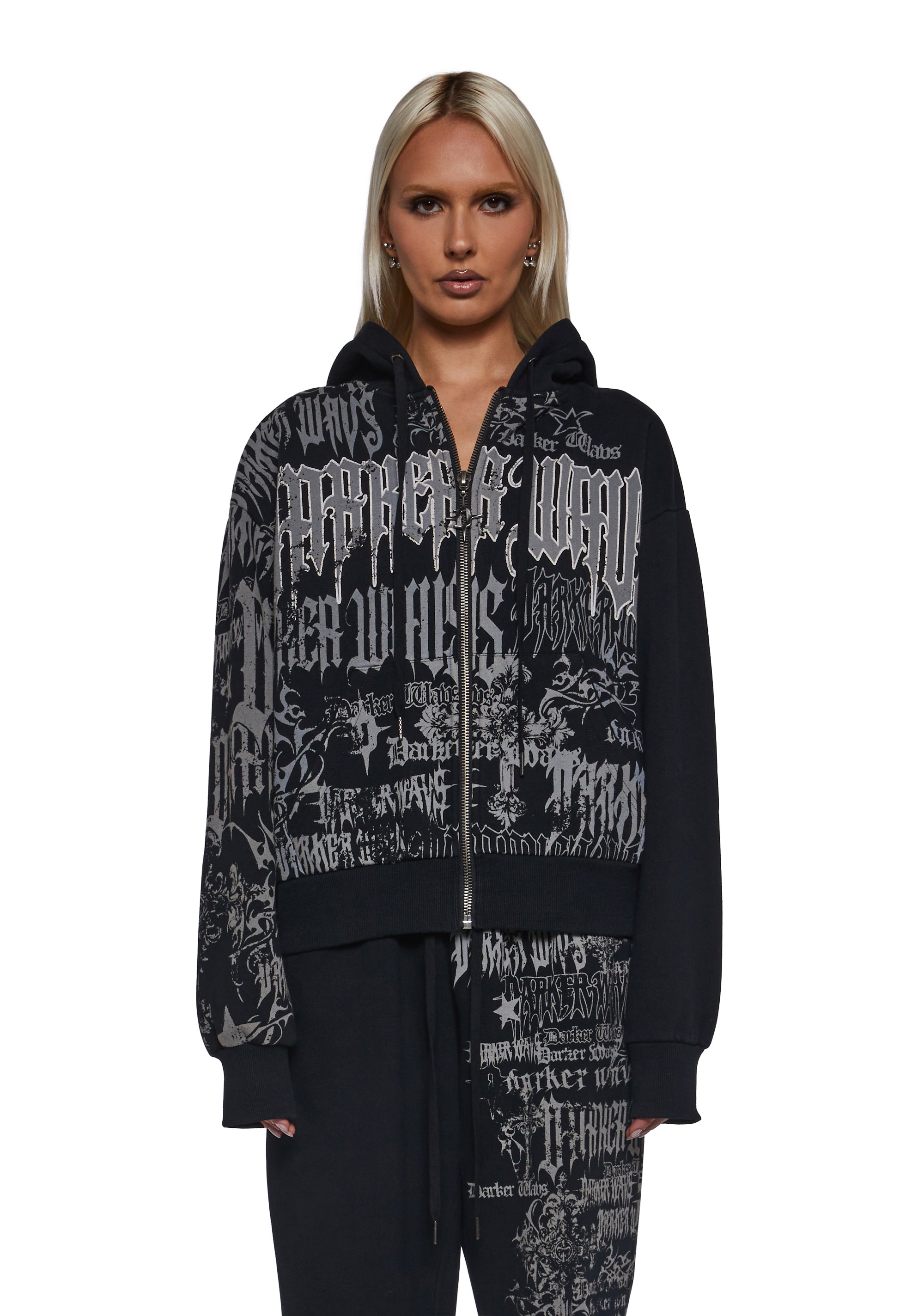 Washed Hoodie With Graphics Darker Wavs - Black – Dolls Kill