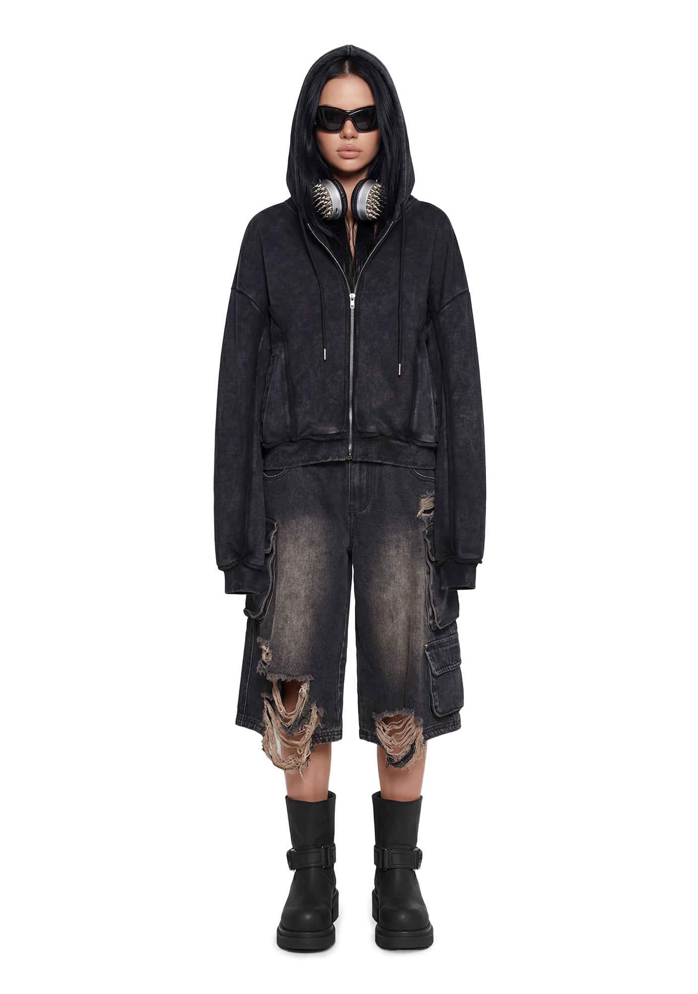Dark Boxy Pleated Unisex Zip-Up Hoodie - Black – Dolls Kill