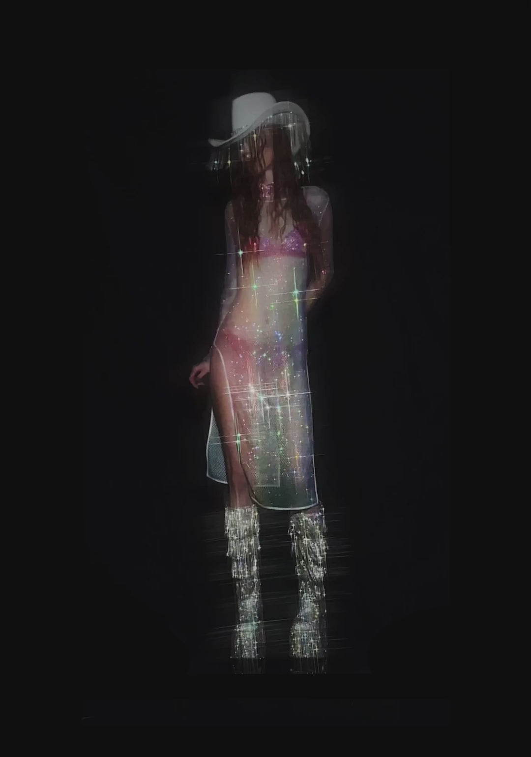 Starry Dancer Rhinestone Fishnet Dress - Rainbow