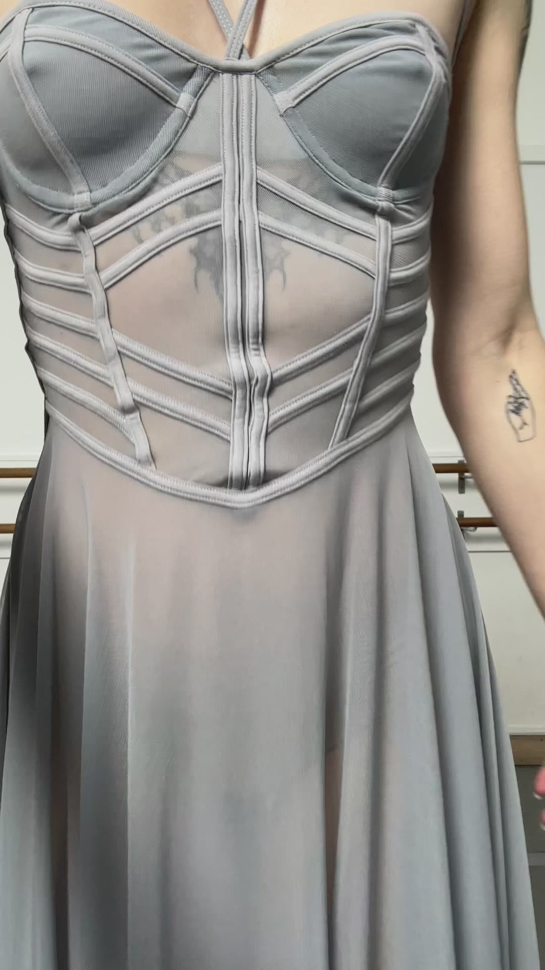 Darker Wavs Sheer Mesh Midi Skirt With Piping Details - Gray
