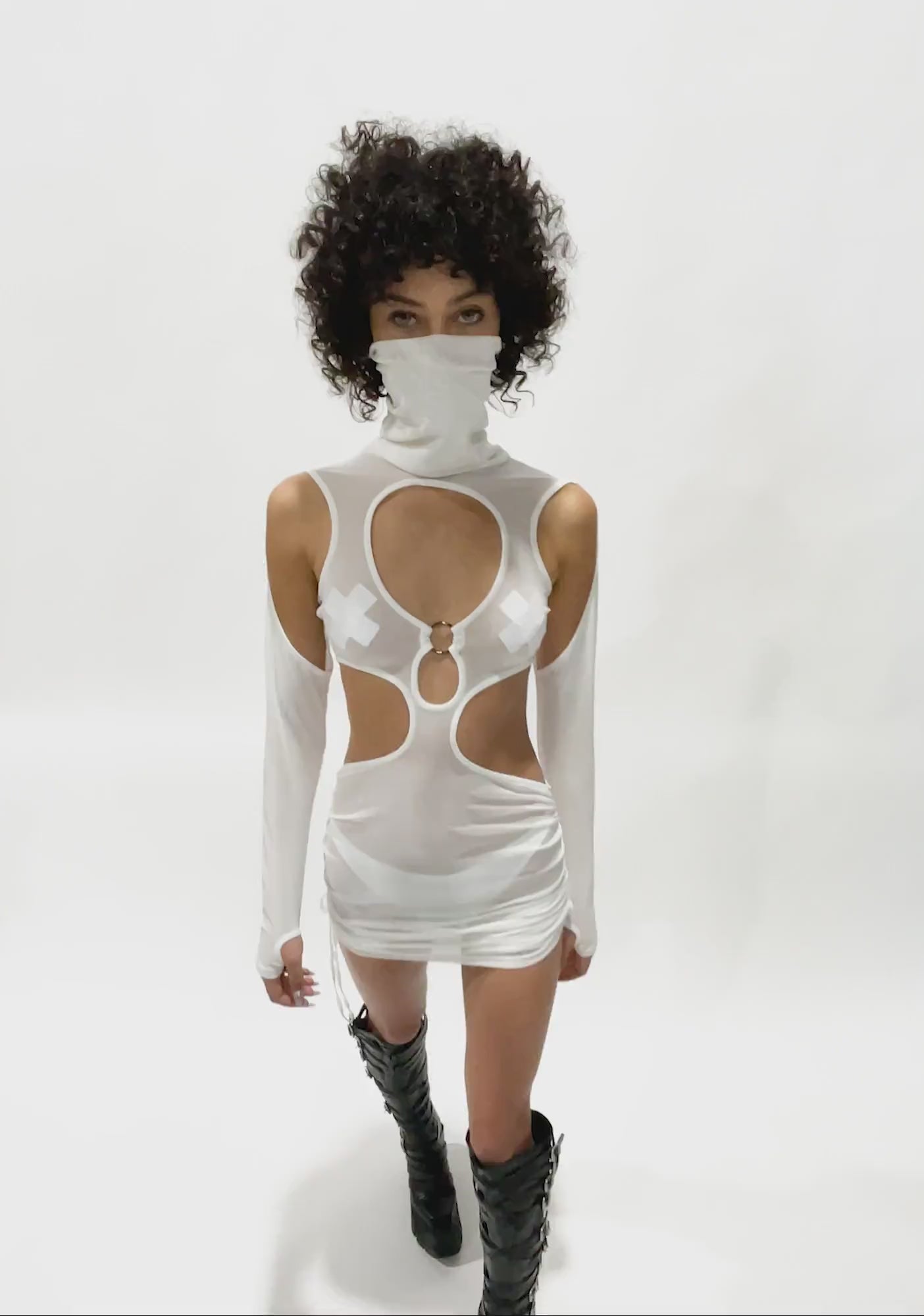 【WOOHWA】24FW★ POLA CUT OUT SLIT OPS Darker Wavs Mesh Mock Neck Cutout Ruched Mini Dress - White