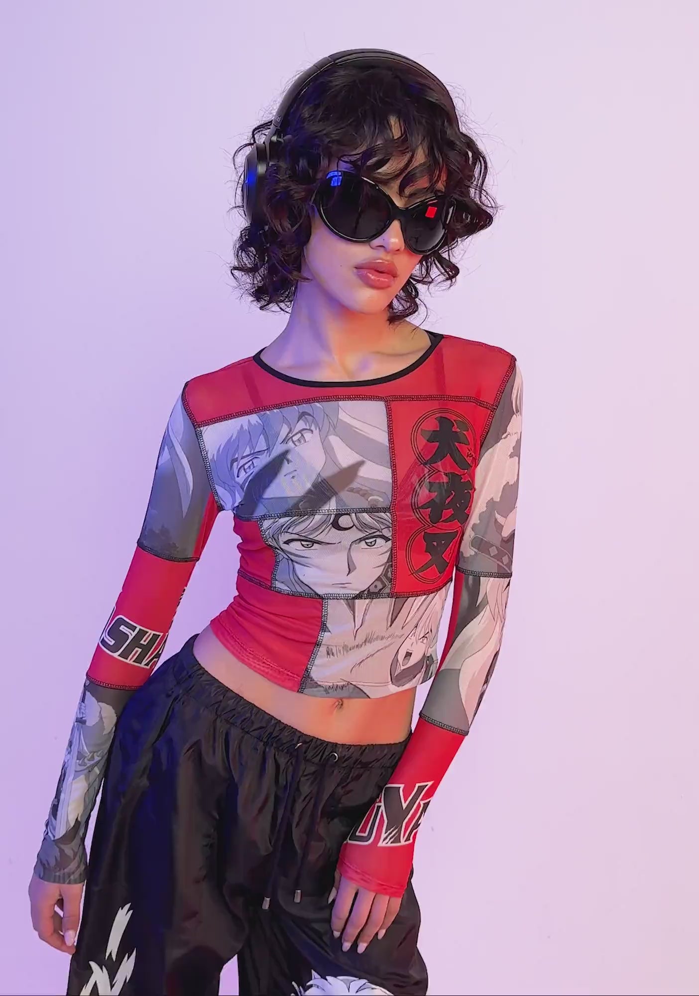 dolls kill✖️INUYASHA 犬夜叉　トップス　刺繍　y2k Dolls Kill x InuYasha Cropped Jersey Anime Top - Black