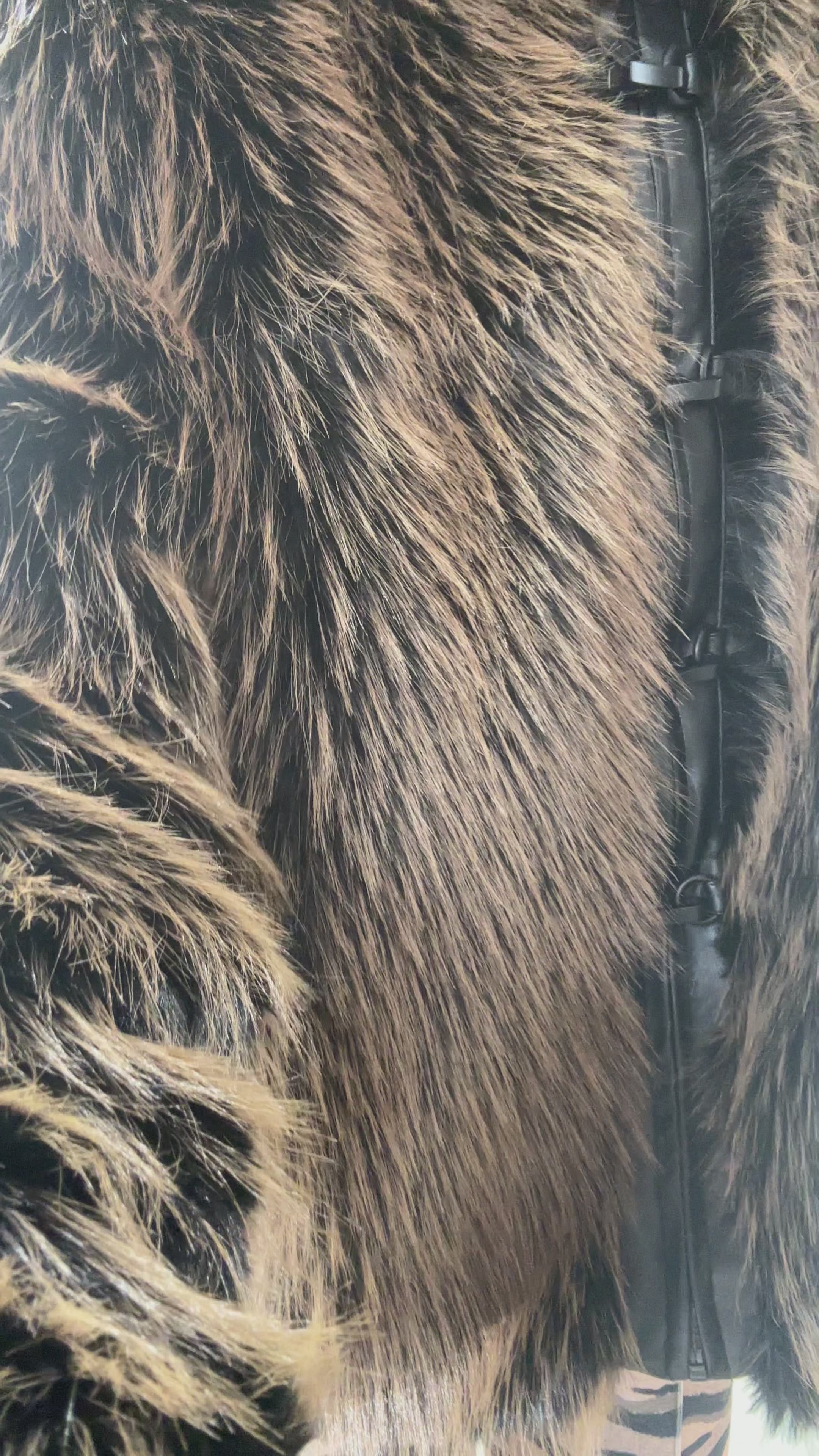 Faux Fur Vegan Leather Front Hook Coat Current Mood - Brown