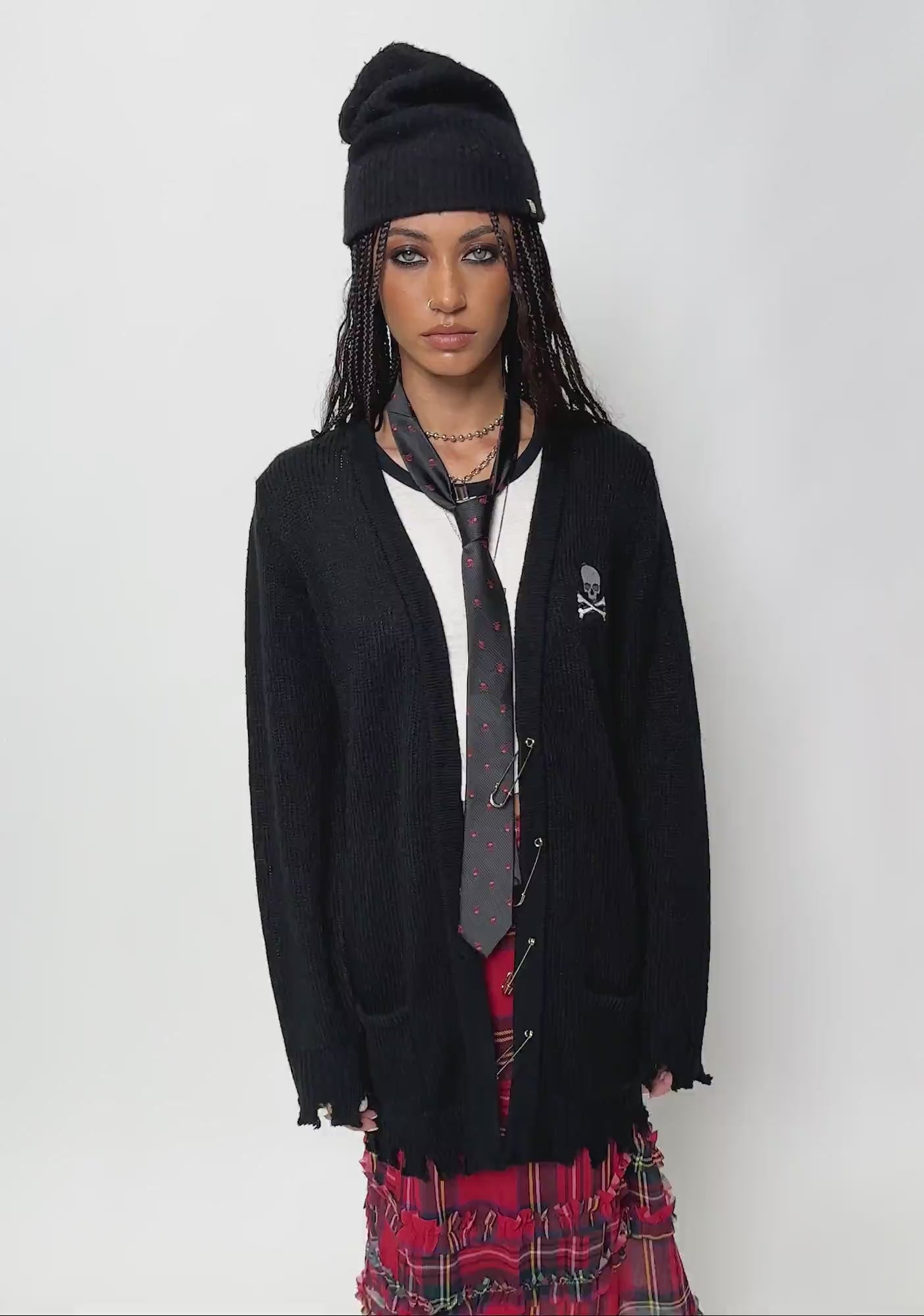 Current Mood Skull Patch Safety Pin Cardigan - Black – Dolls Kill