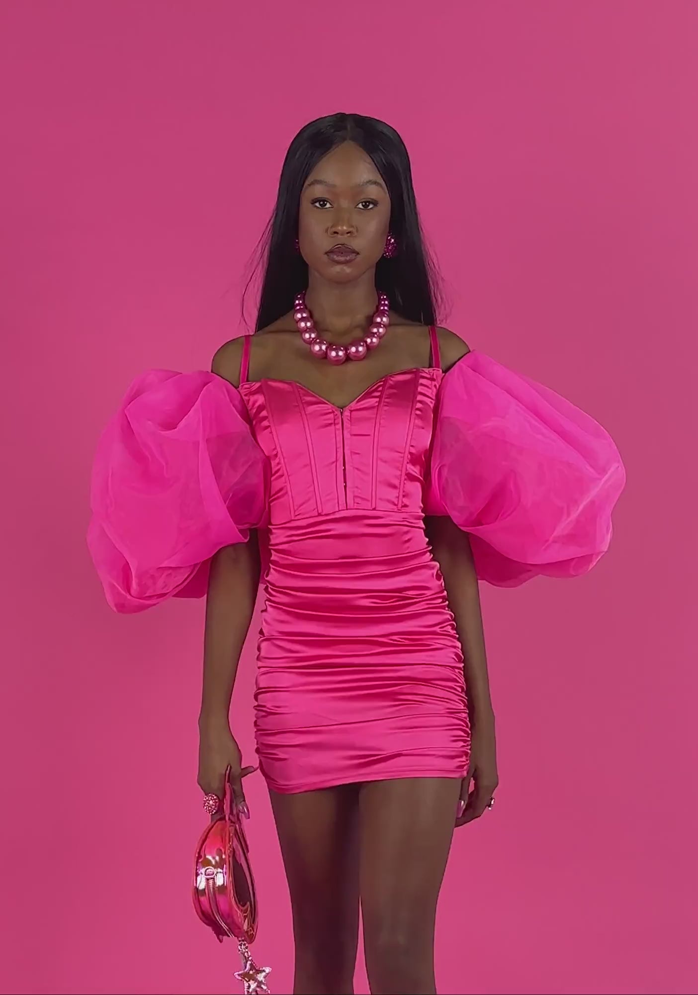 Sugar Thrillz Satin Ruched Organza Puff Sleeve Mini Dress - Pink