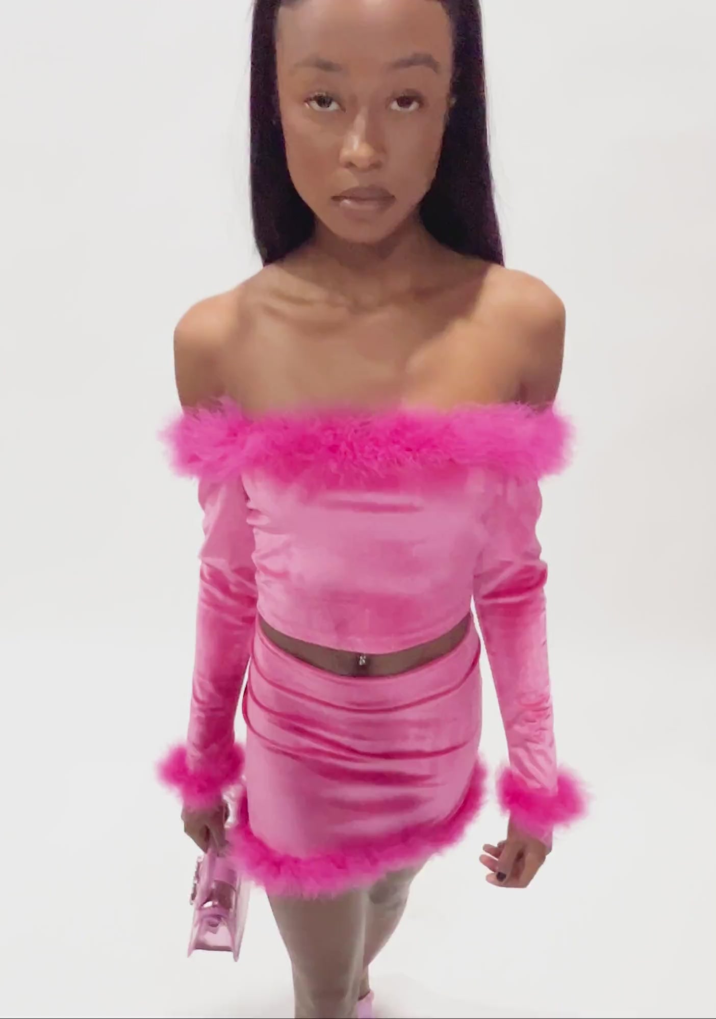 Sugar Thrillz Feather Trim Off The Shoulder Velvet Crop Top - Pink
