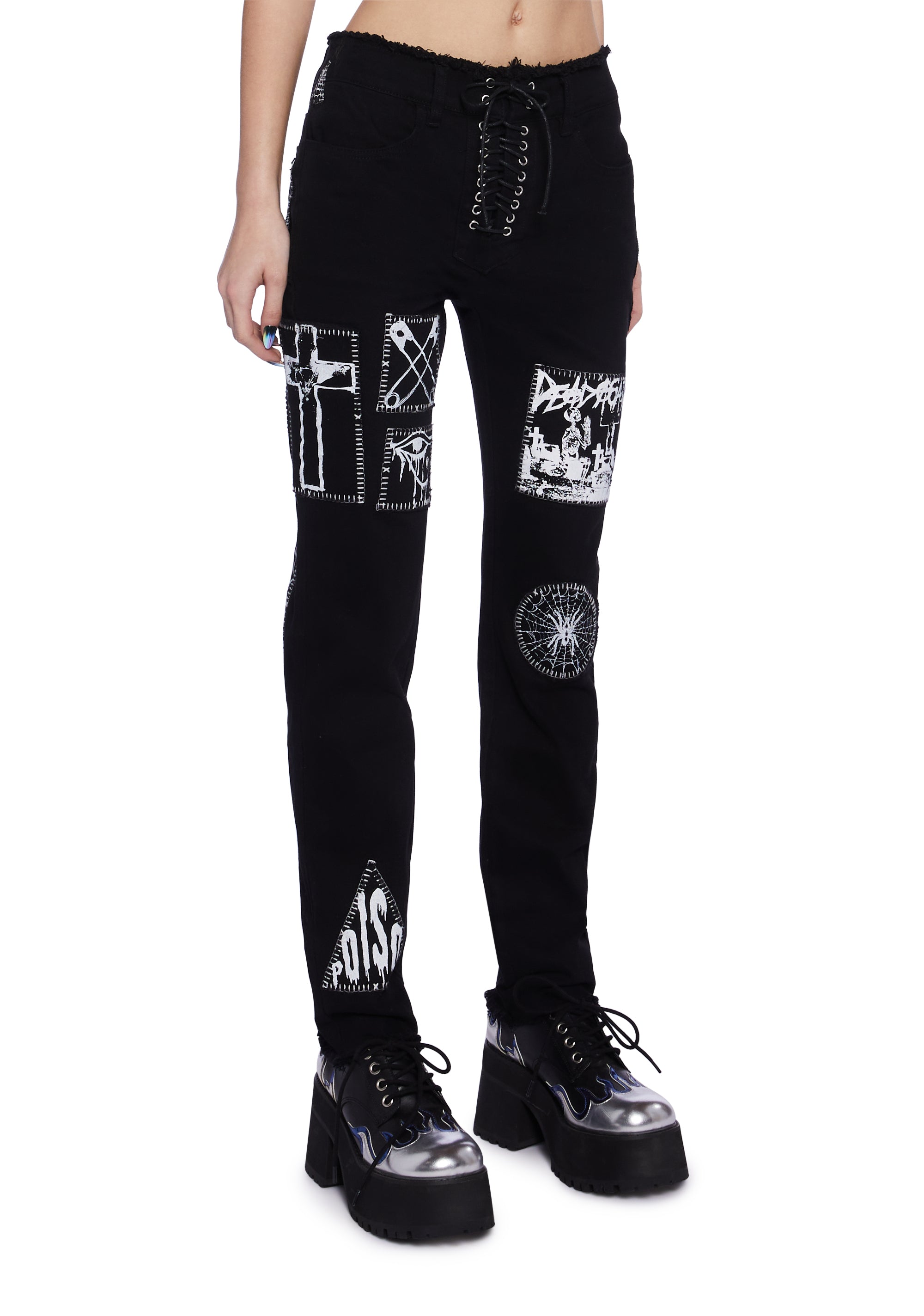 Current Mood Black Lace Up Patch Jeans – Dolls Kill