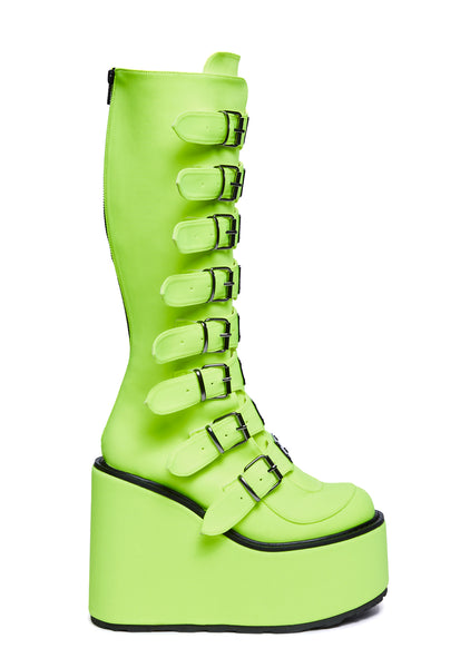 Demonia x Dolls Kill Swing-815 Buckle Boots - Neon Yellow