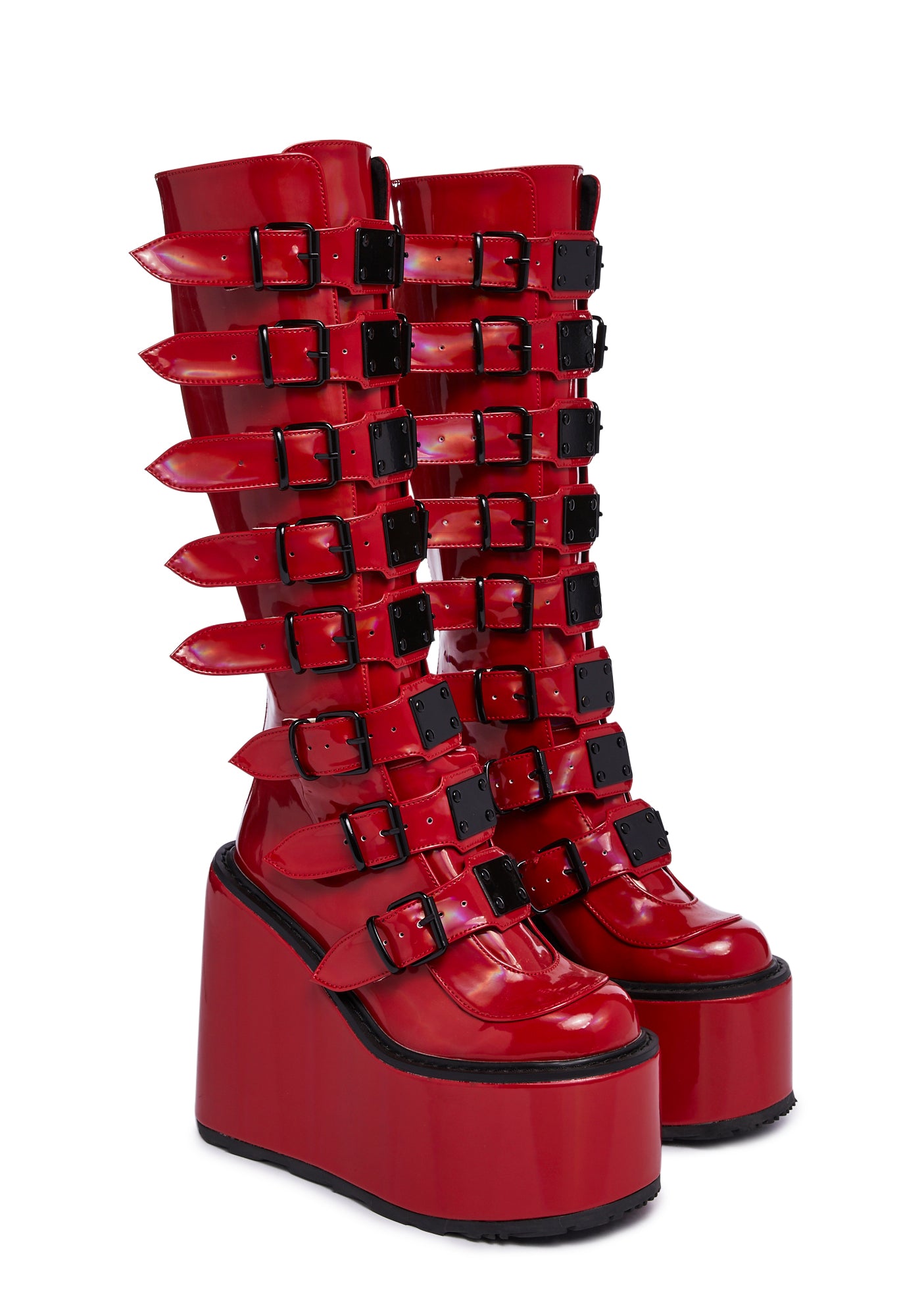 Demonia x Dolls Kill Swing 815 Boots Red Holographic