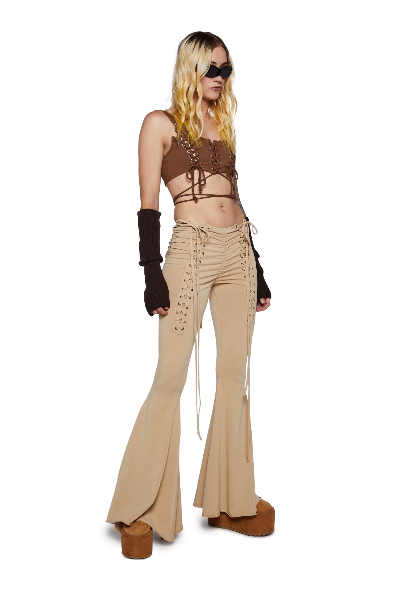 Darker Wavs Lace Up Bell Bottoms - Light Brown – Dolls Kill