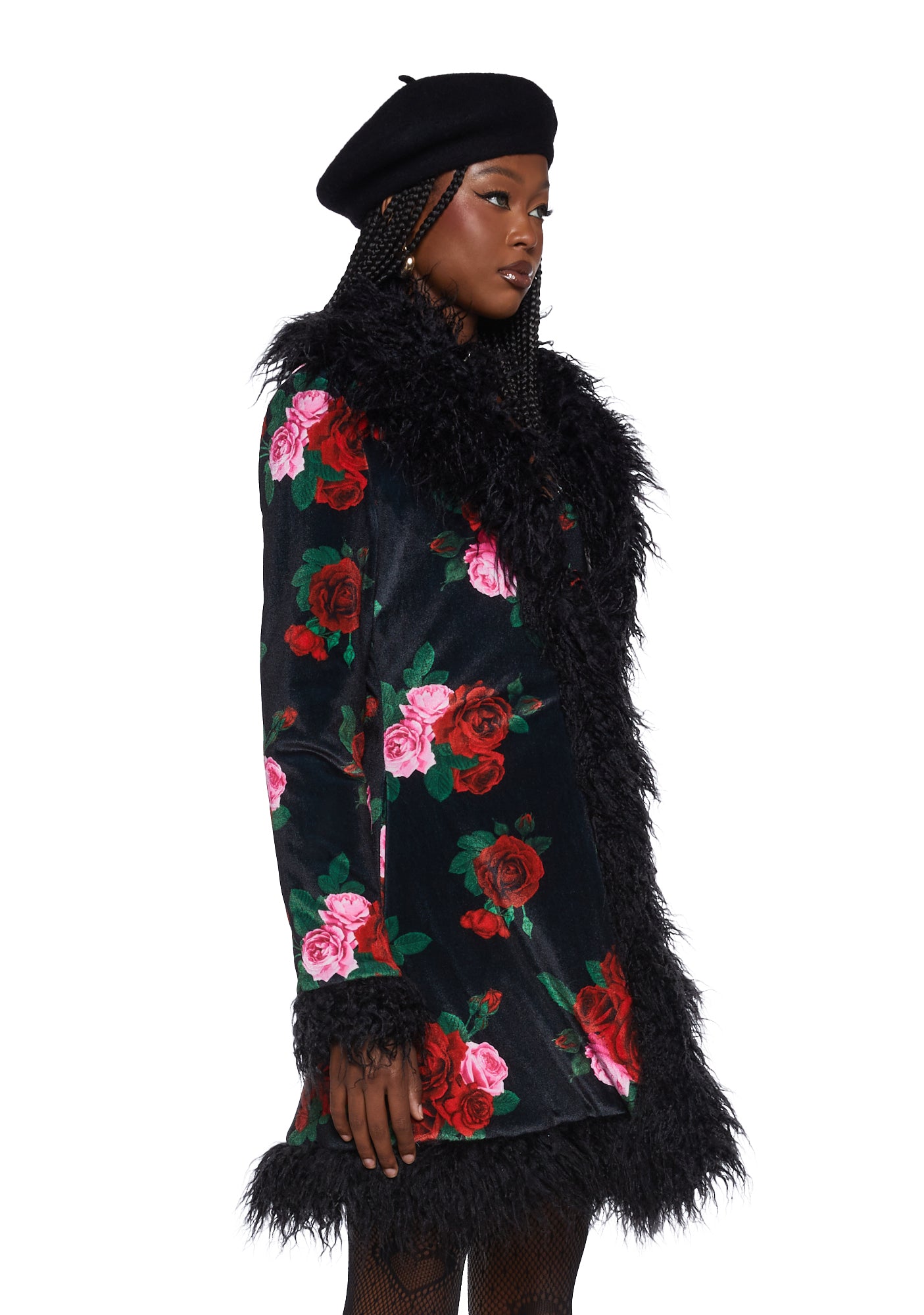 Sugar Thrillz Floral Velour Faux Fur Trim Duster Jacket Black Dolls Kill
