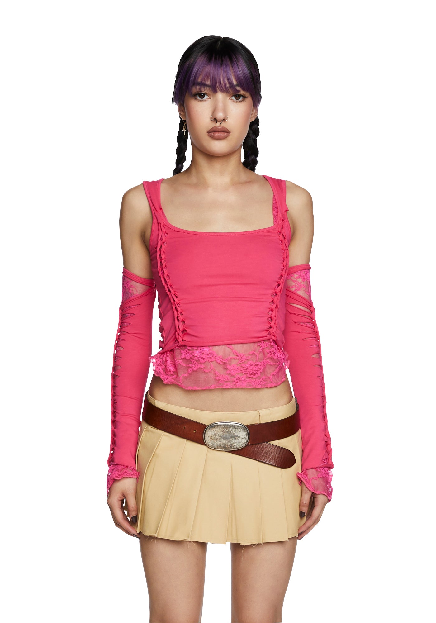 Pink Current Current Mood Slashed Cut Out Long Sleeve Crop Top And Gloves Set - Pink ...