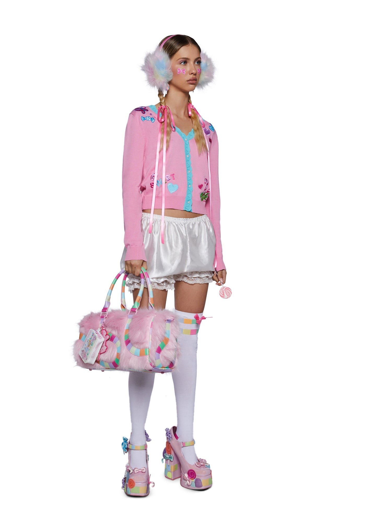 Dolls Kill x Candyland Faux Fur Charm Mini Duffle Bag Pink