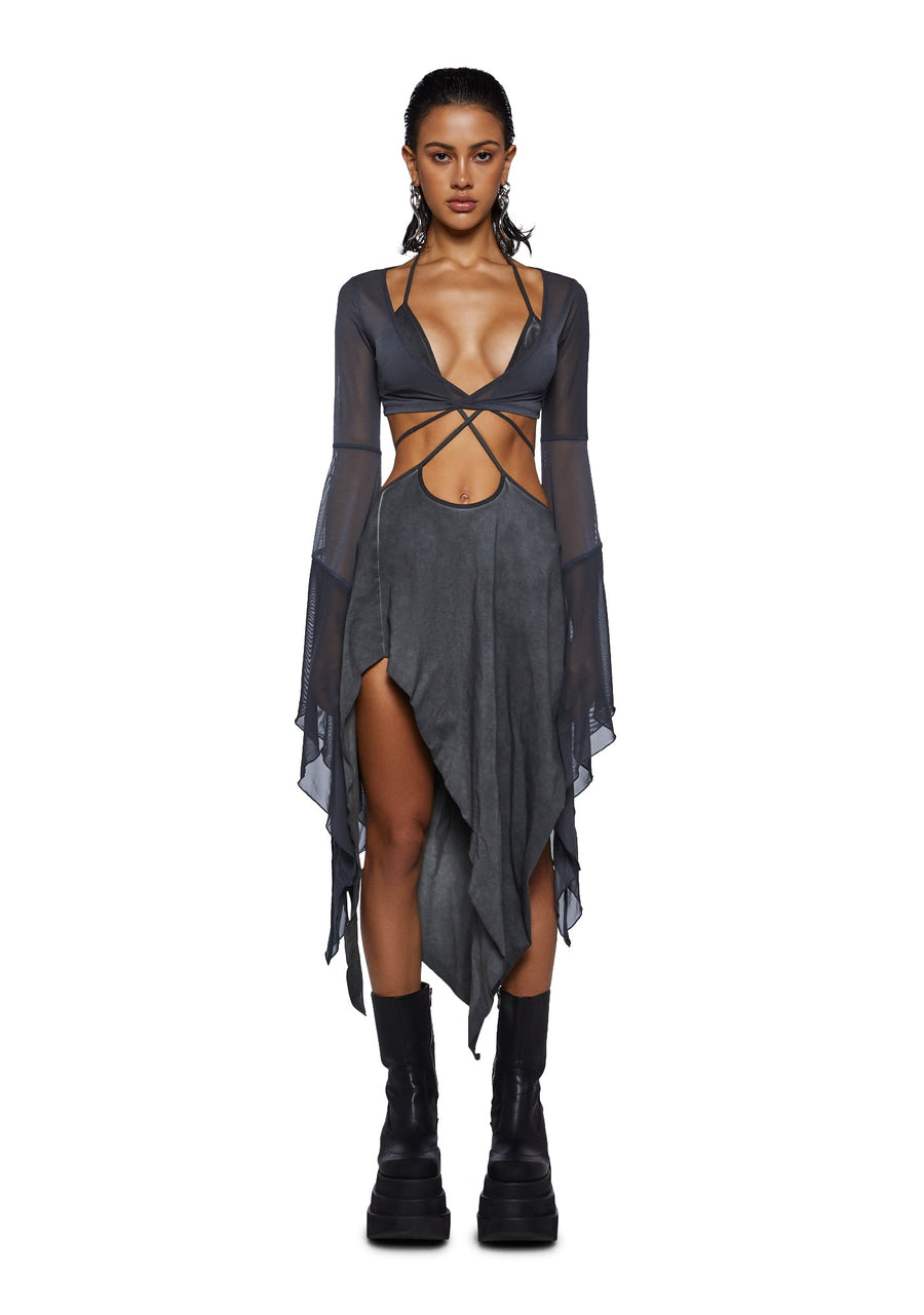 Echo Asymmetrical Mesh Wrap Dress - Dark Gray