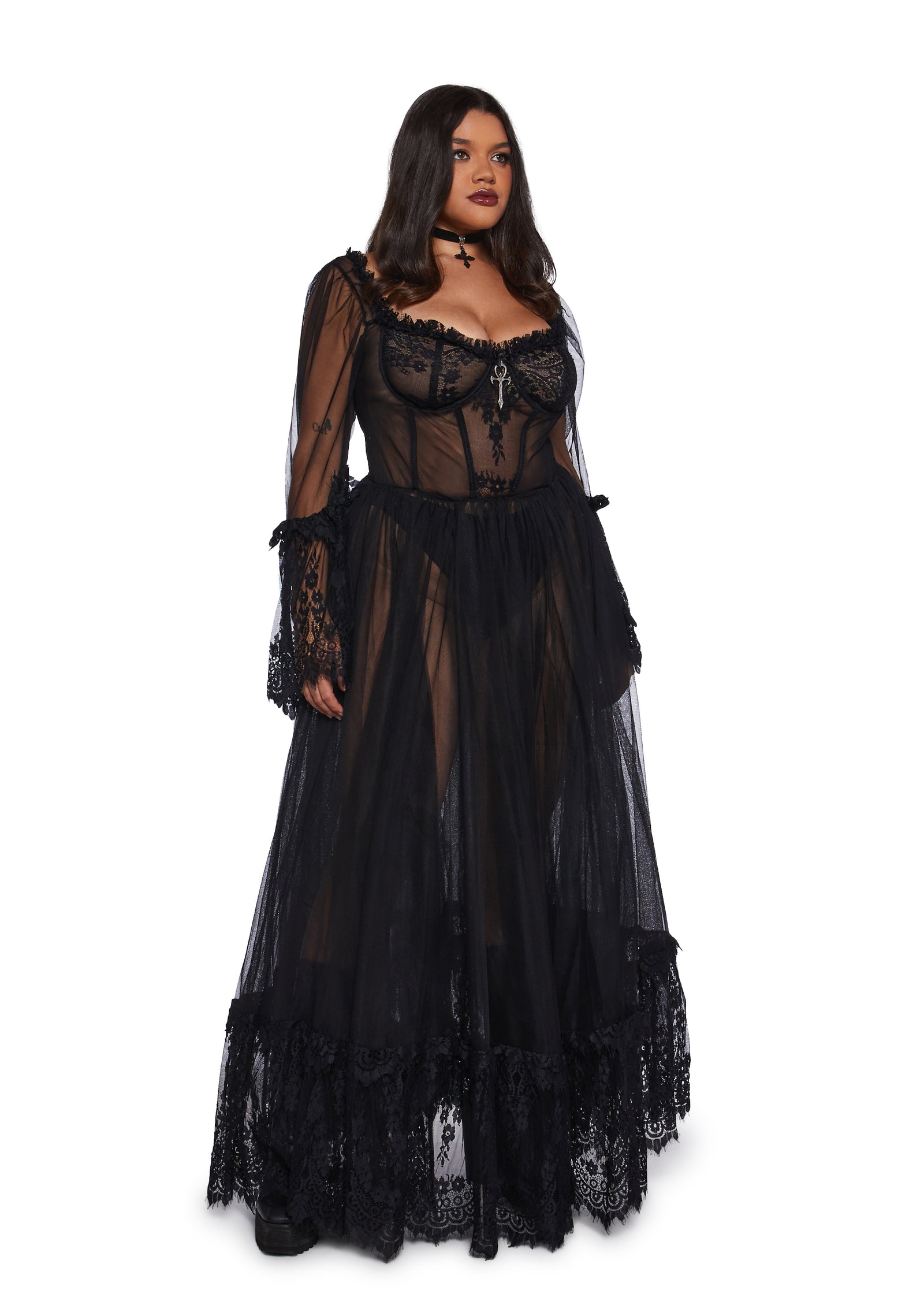 Plus Size Widow Gothic Lace Bustier Long Sleeve Maxi Gown