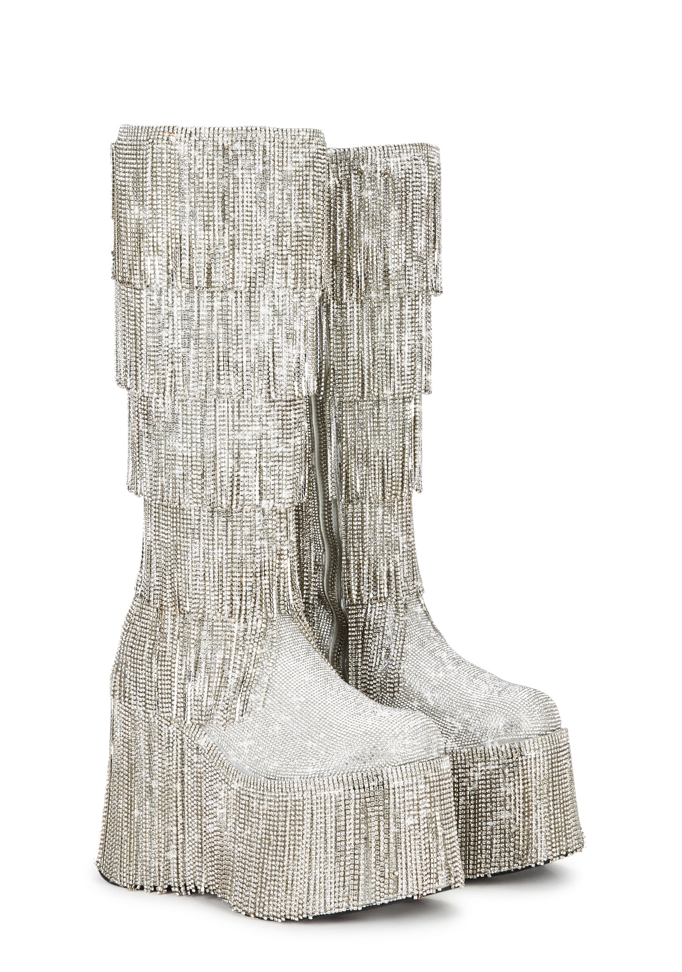 Club Exx Rhinestone Fringe Knee High Boots - Silver – Dolls Kill