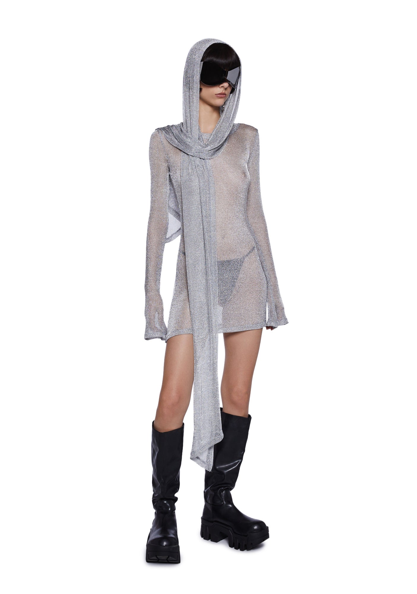 Darker Wavs Metallic Knit Long Sleeve Dress - Silver Dolls Kill Darker Wavs Metallic Knit Long Sleeve Dress - Silver Dolls Kill