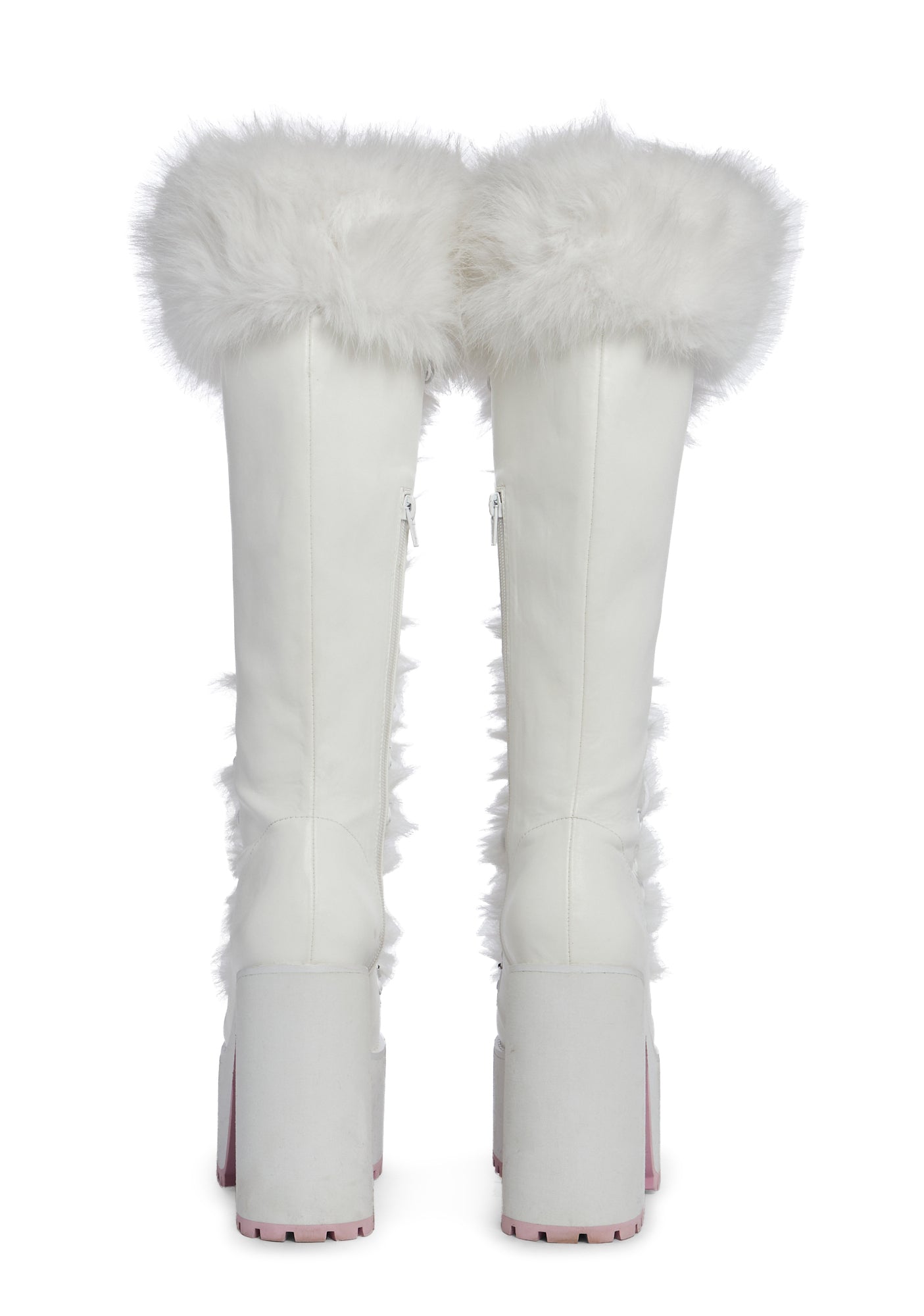 ☆DOLLS KILL☆ Sugar Thrillz Blue Boots Sugar Thrillz Faux Fur Trim Knee High Platform Boots - White
