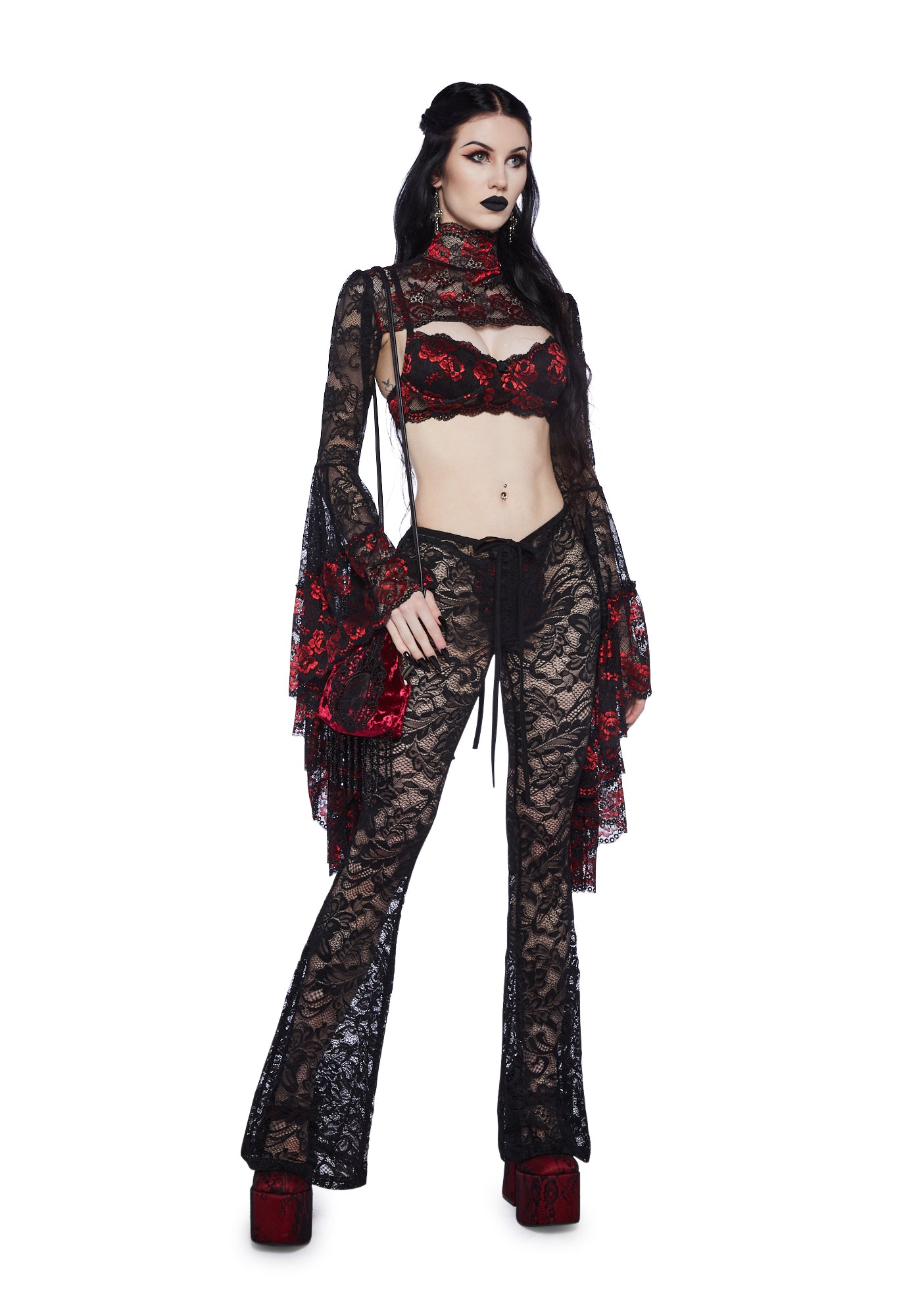 Widow Sheer Lace Shrug With Sleeves - Black/Red – Dolls Kill