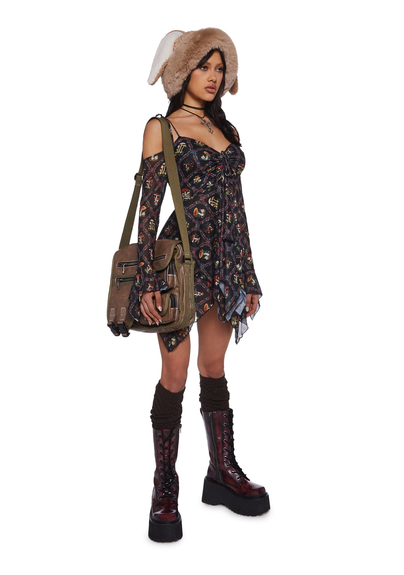 Current Mood Mushroom Print Off The Shoulder Handkerchief Mini Dress