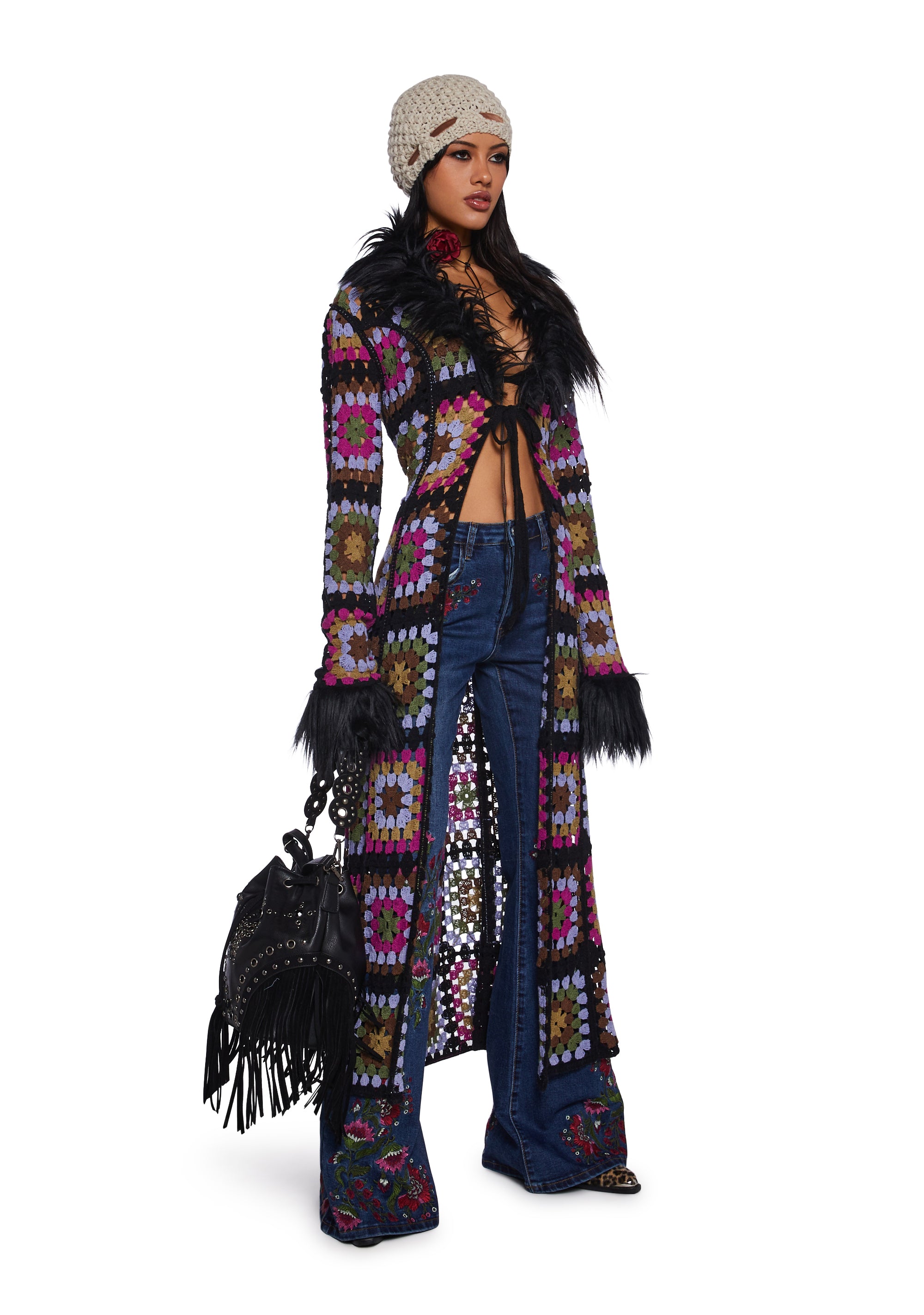 Current Mood Crochet Faux Fur Cardigan Coat - Multi – Dolls Kill
