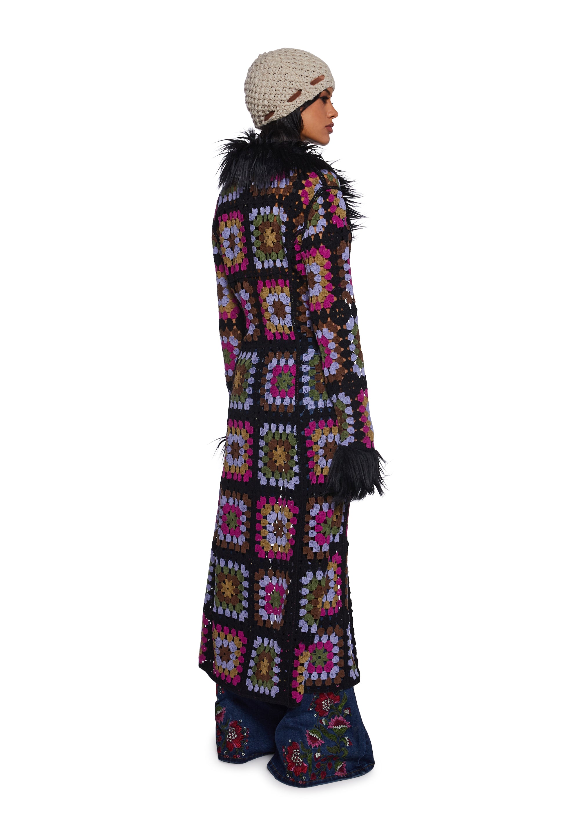 Current Mood Crochet Faux Fur Cardigan Coat - Multi – Dolls Kill