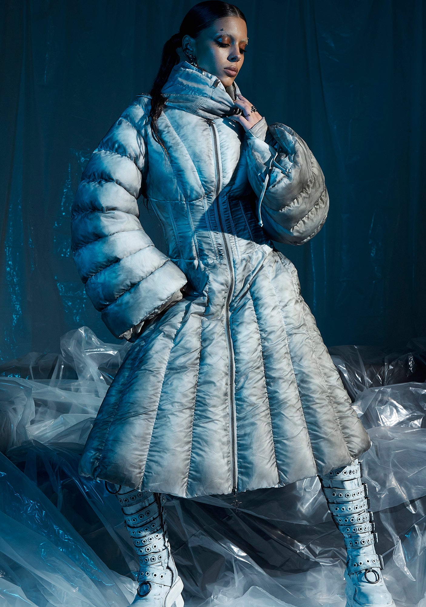 Darker Wavs Puffer Jacket With Scarf - Gray – Dolls Kill