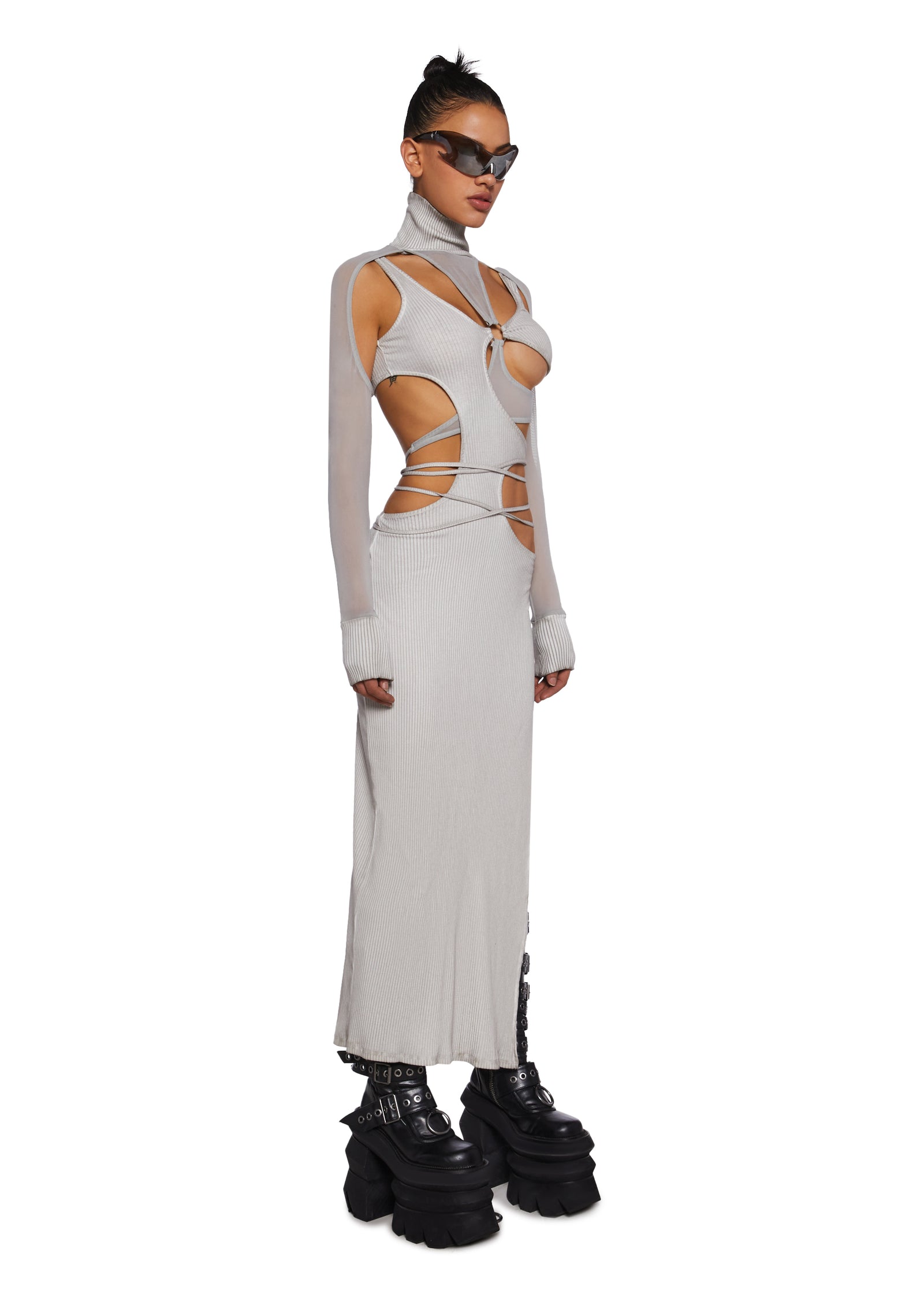 Darker Wavs Charcoal Wash Strappy Mesh Ribbed Maxi Dress