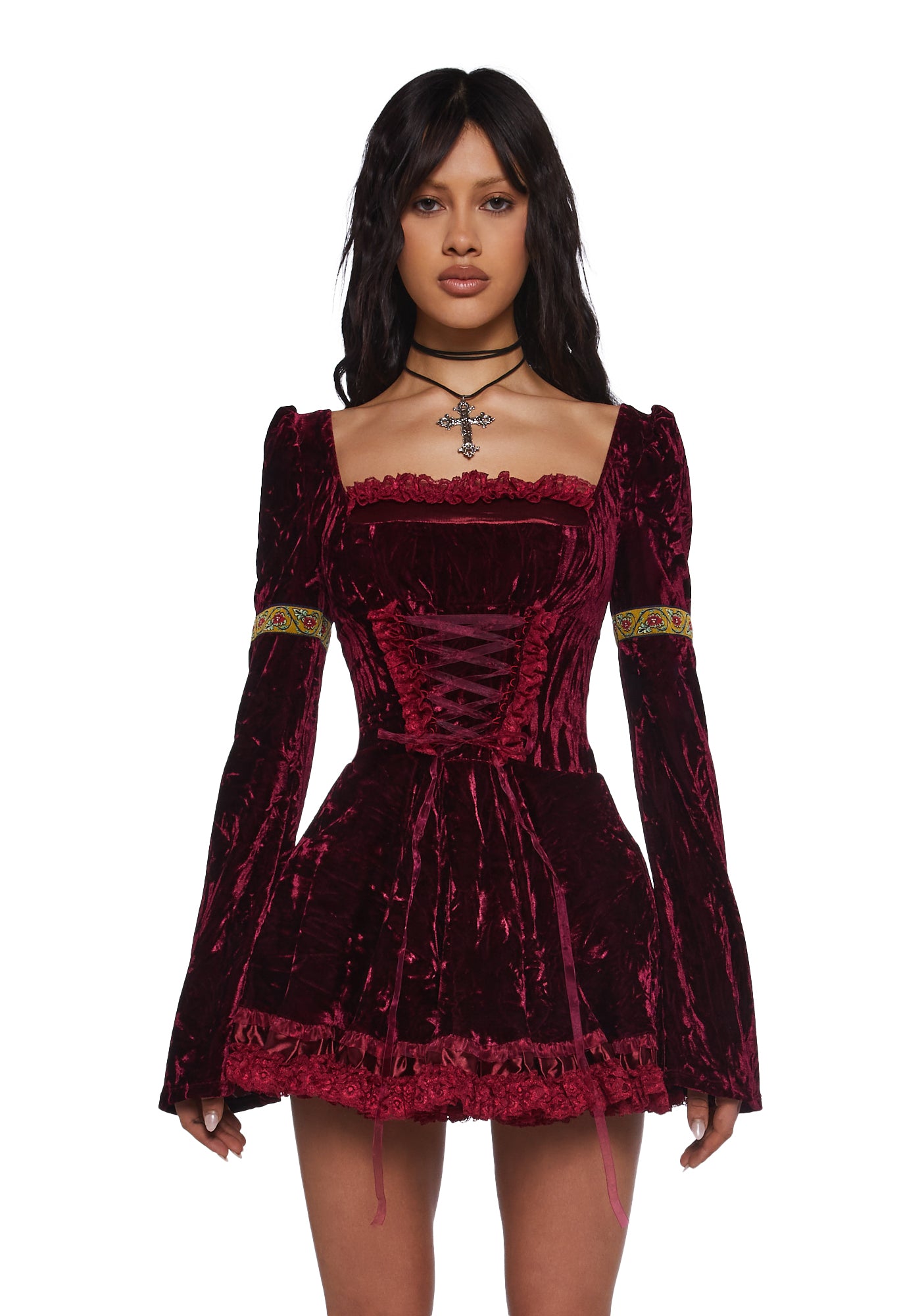 Current Mood Velour Embroidered Trim Mini Dress
