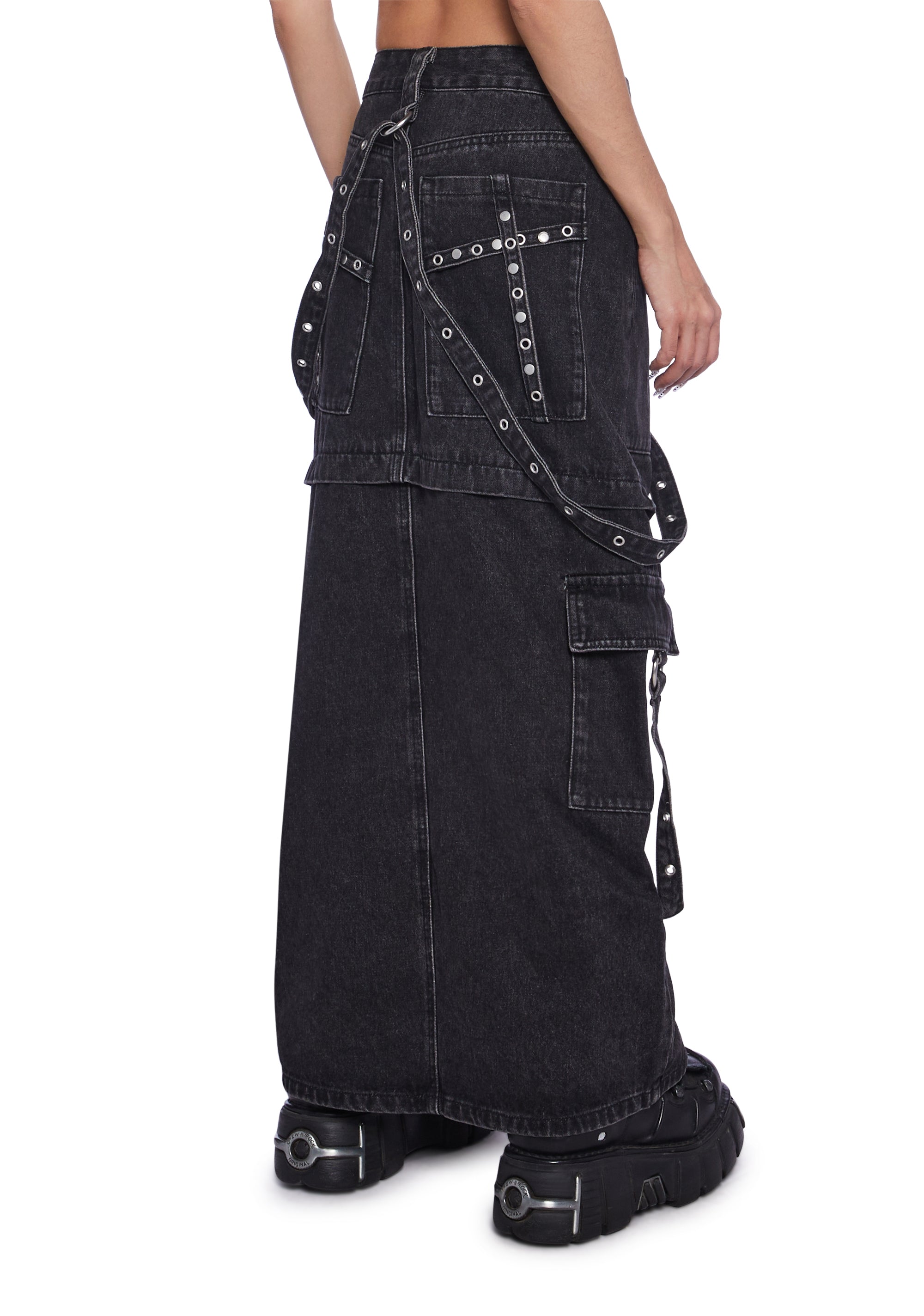 The Ragged Priest Charcoal Washed Denim Midi Skirt With Slit