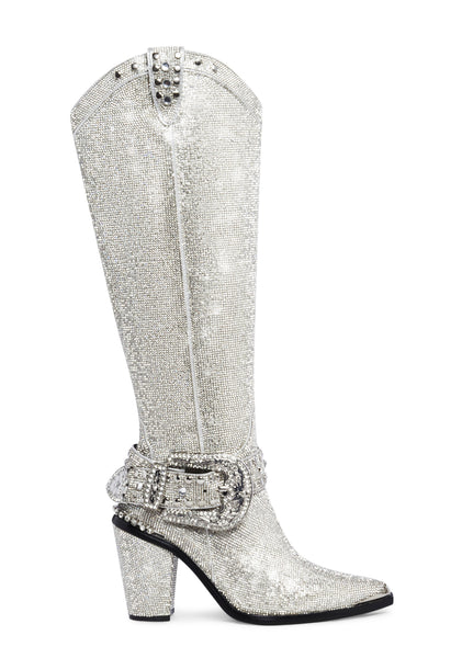 Club Exx Rhinestone Knee High Pointed Toe Cowboy Boots - Silver