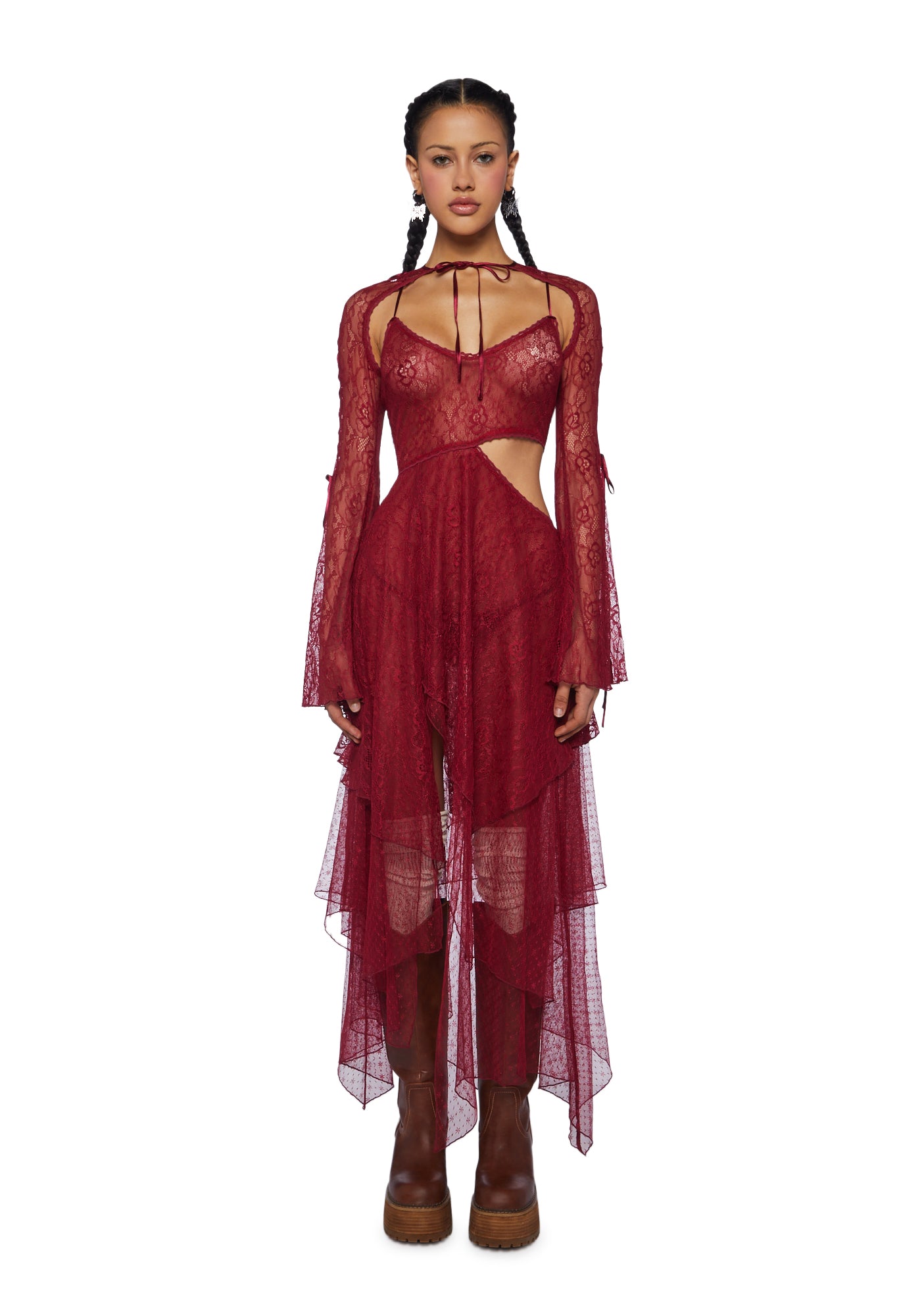 Current Mood Lace Handkerchief Dress And Shrug - Burgundy