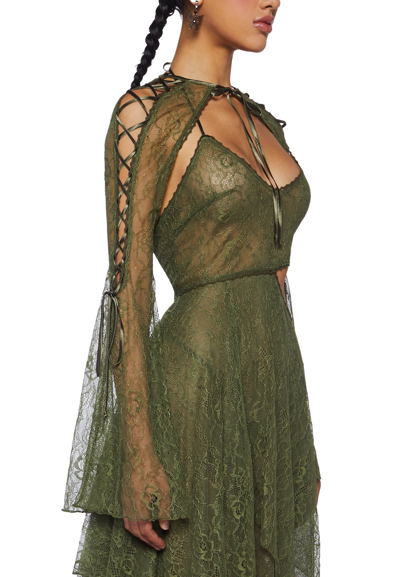 Current Mood Lace Handkerchief Dress And Shrug - Olive – Dolls Kill
