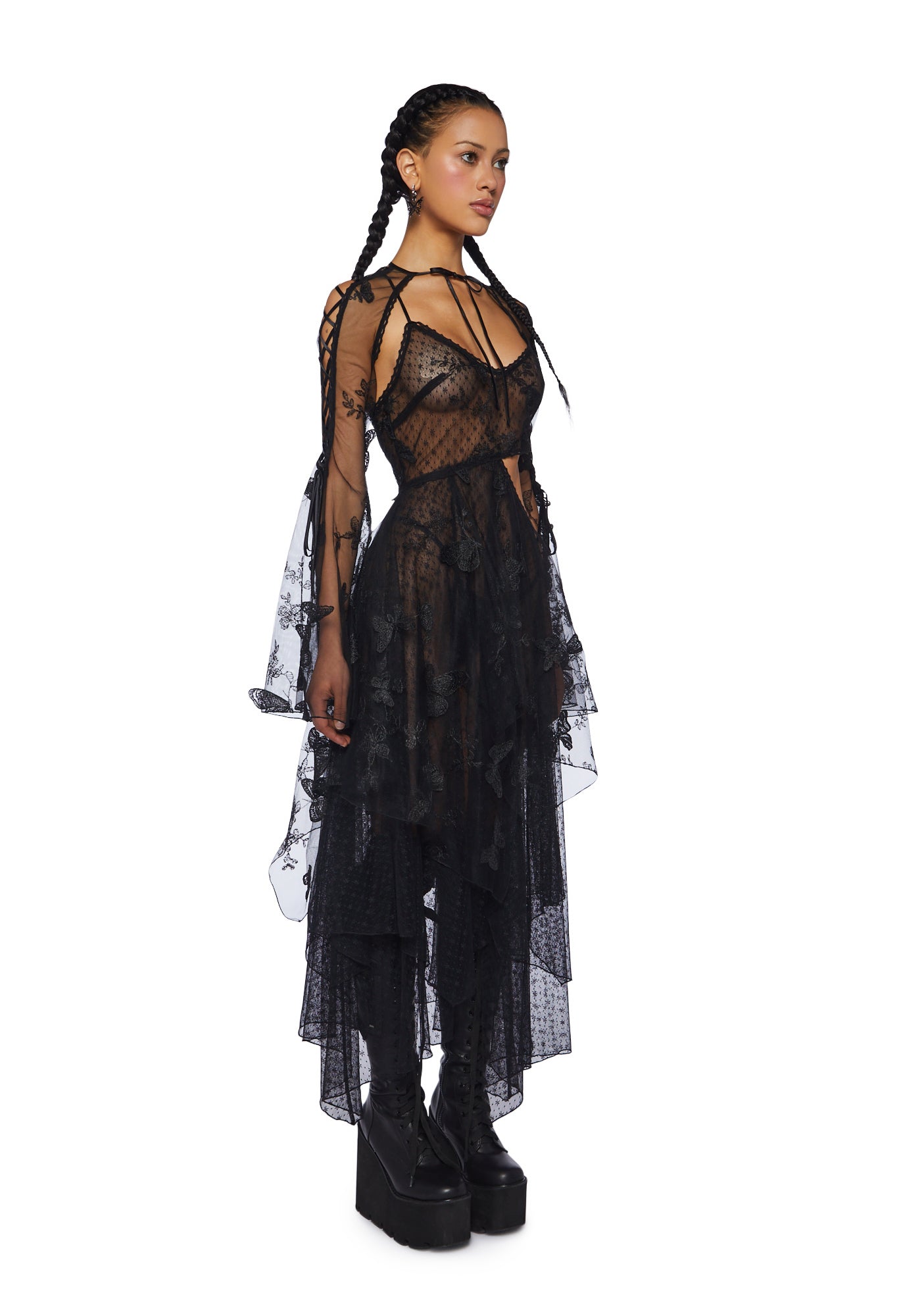 Current Mood Lace Butterfly Fairycore Handkerchief Dress And Shrug