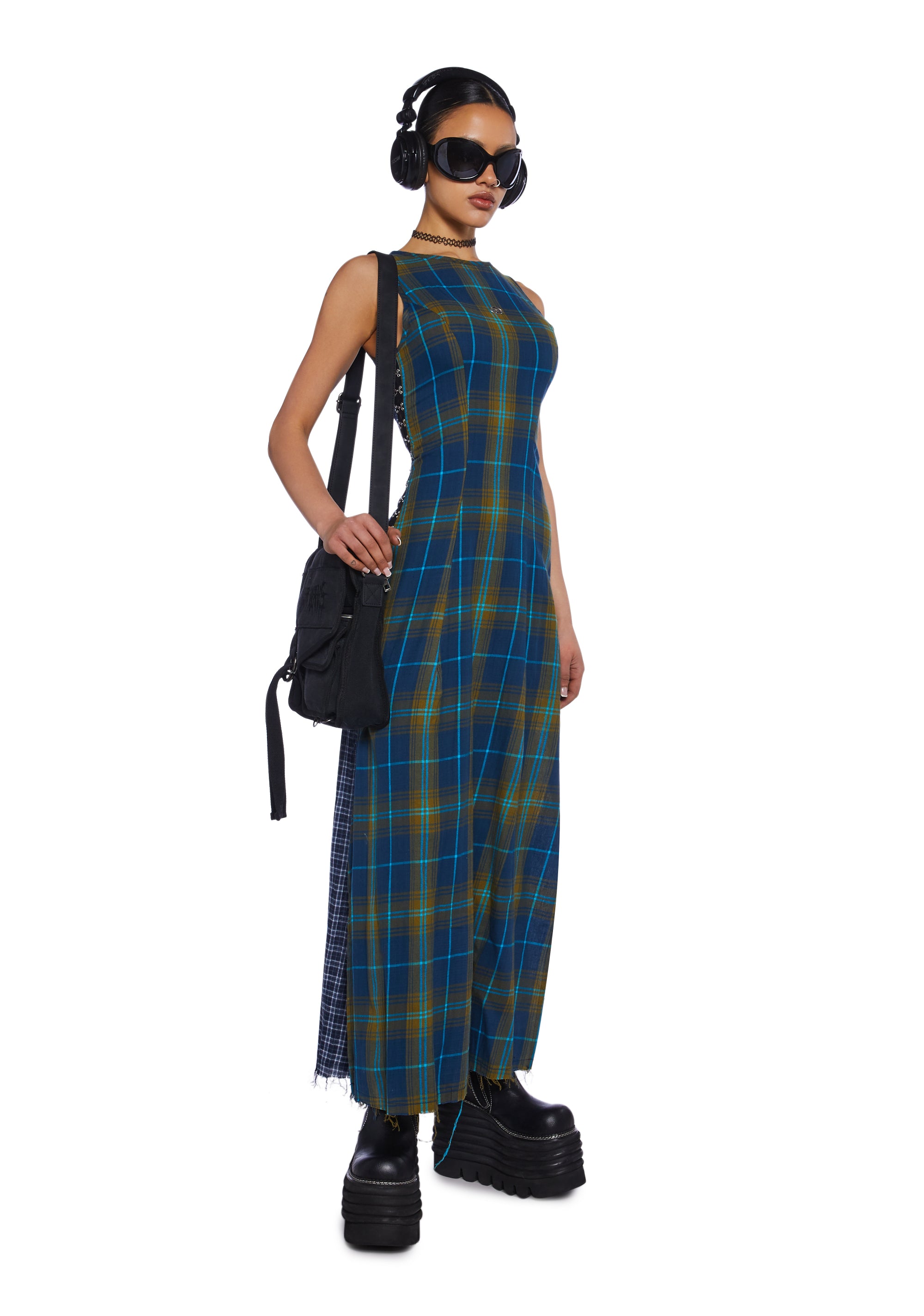 Basic Pleasure Mode tartan Plaid Checked Maxi Dress With Side Slits 90s  Grunge - Multi  Dolls Kill