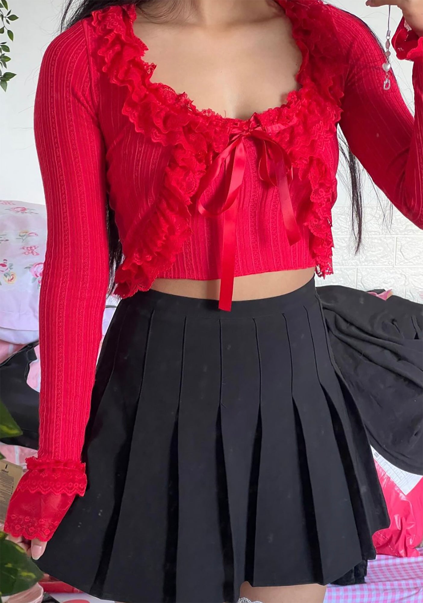 Sugar Thrillz Jersey Knit Lace Ruffle Cardigan And Tank Set